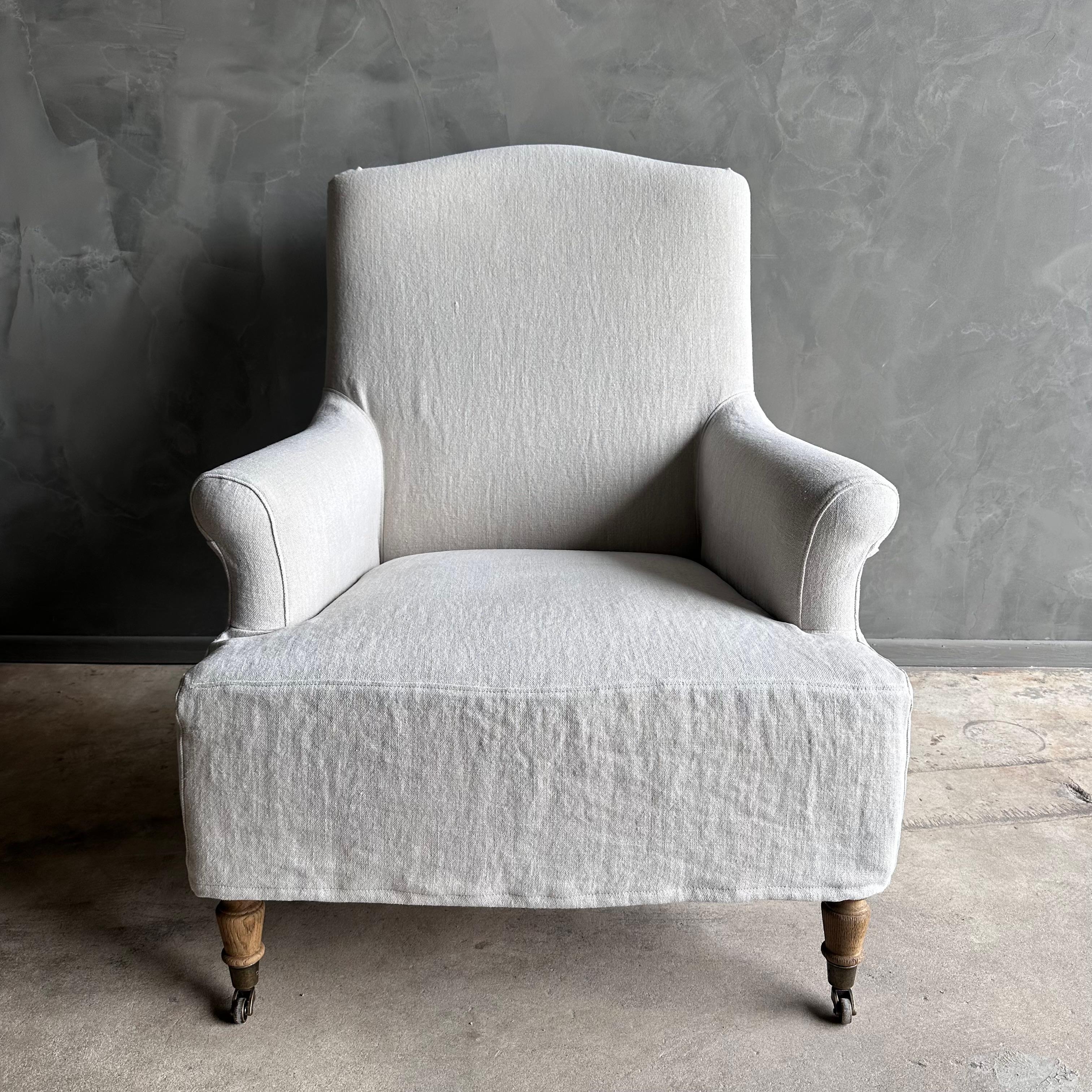 Contemporary Alma Linen Slip Covered Club Chair with White Oak Legs and Caster Wheels For Sale