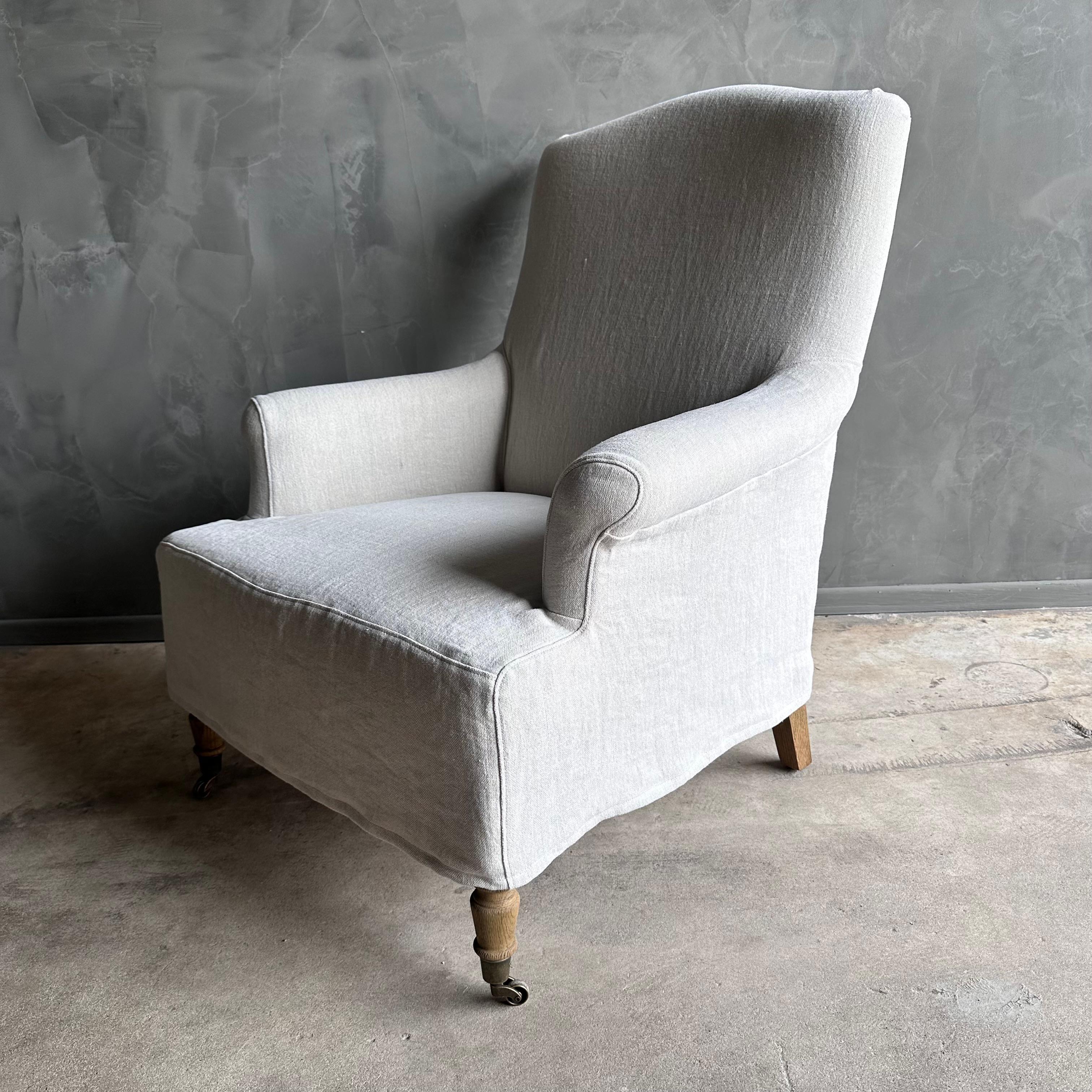 Alma Linen Slip Covered Club Chair with White Oak Legs and Caster Wheels For Sale 2