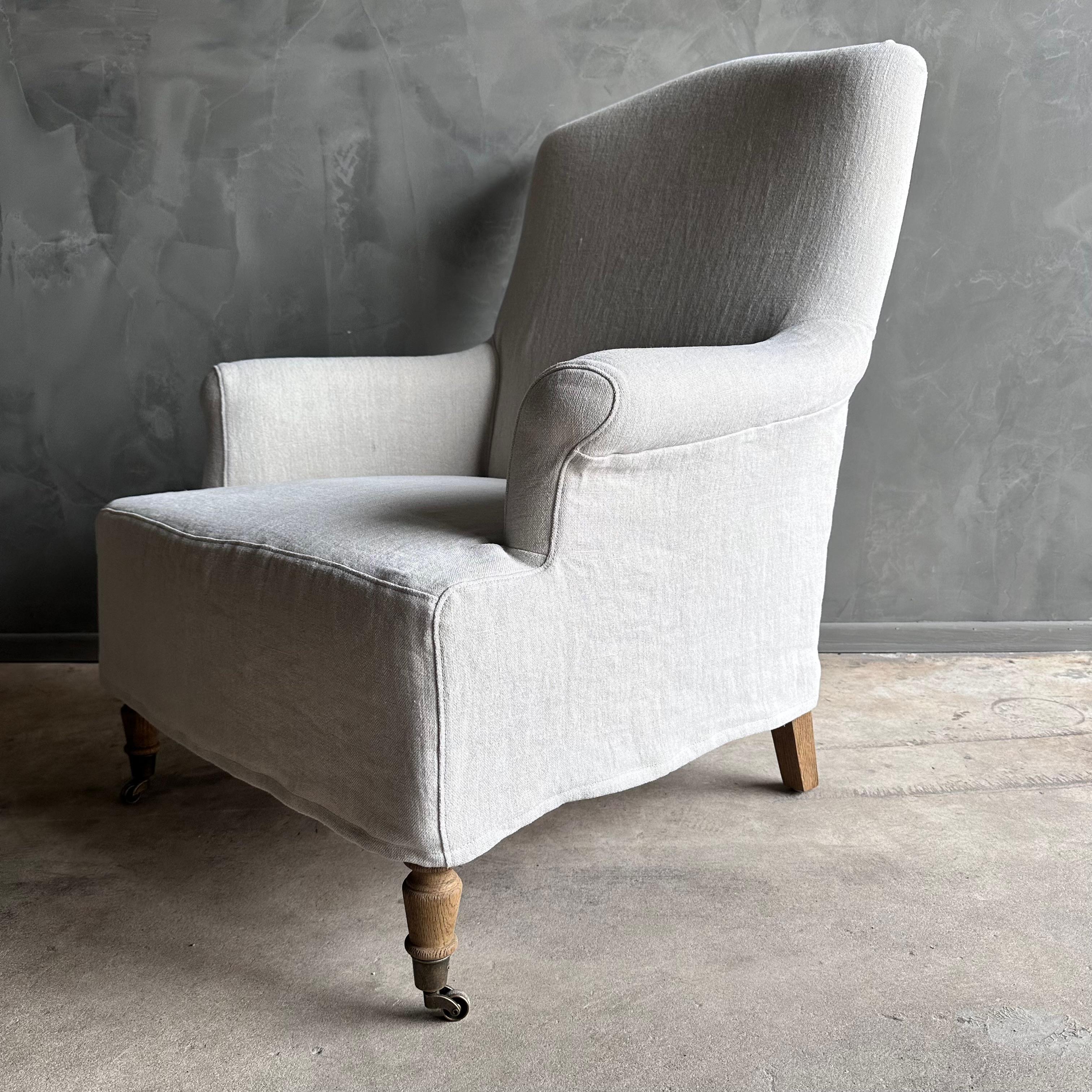 Alma Linen Slip Covered Club Chair with White Oak Legs and Caster Wheels For Sale 3