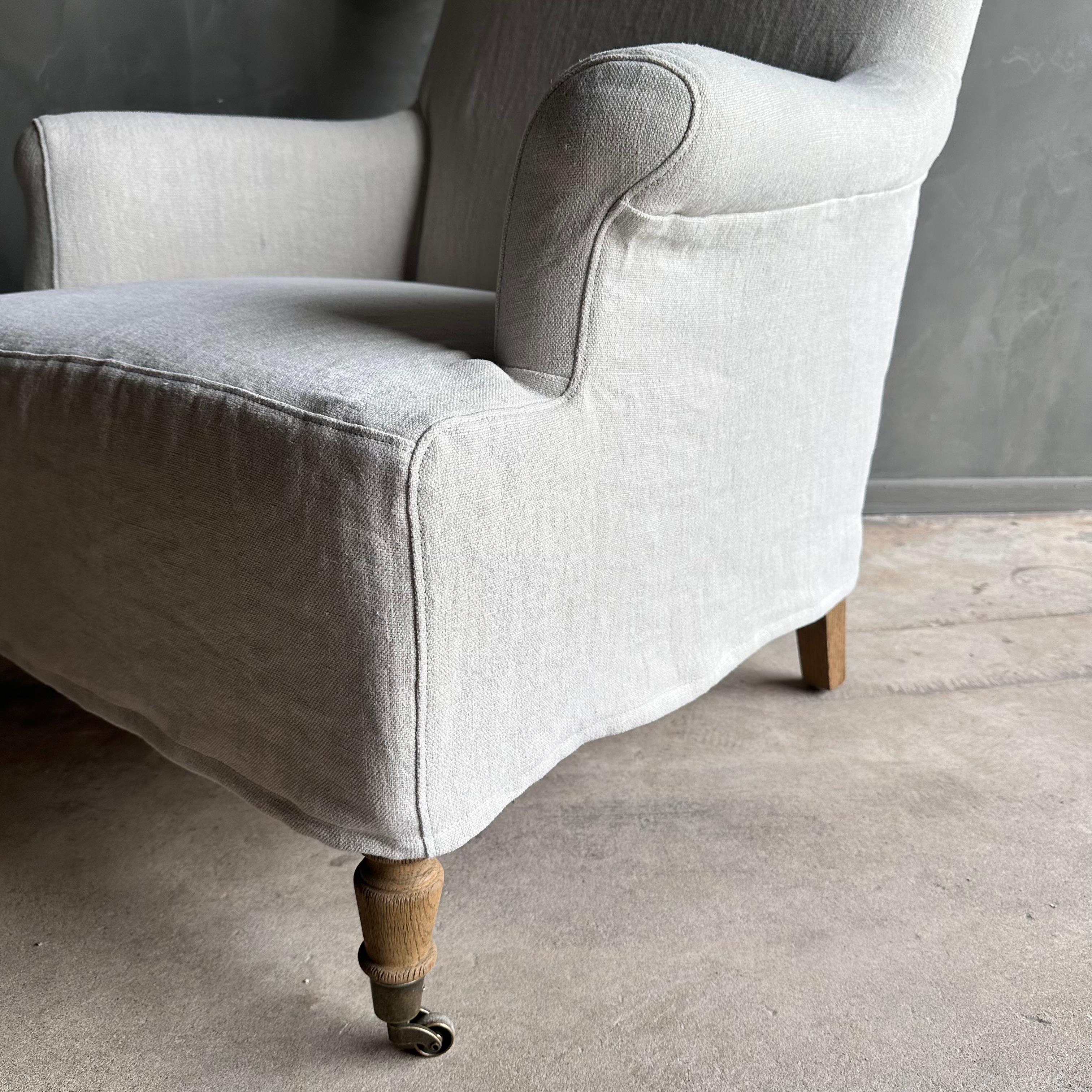 Alma Linen Slip Covered Club Chair with White Oak Legs and Caster Wheels For Sale 4