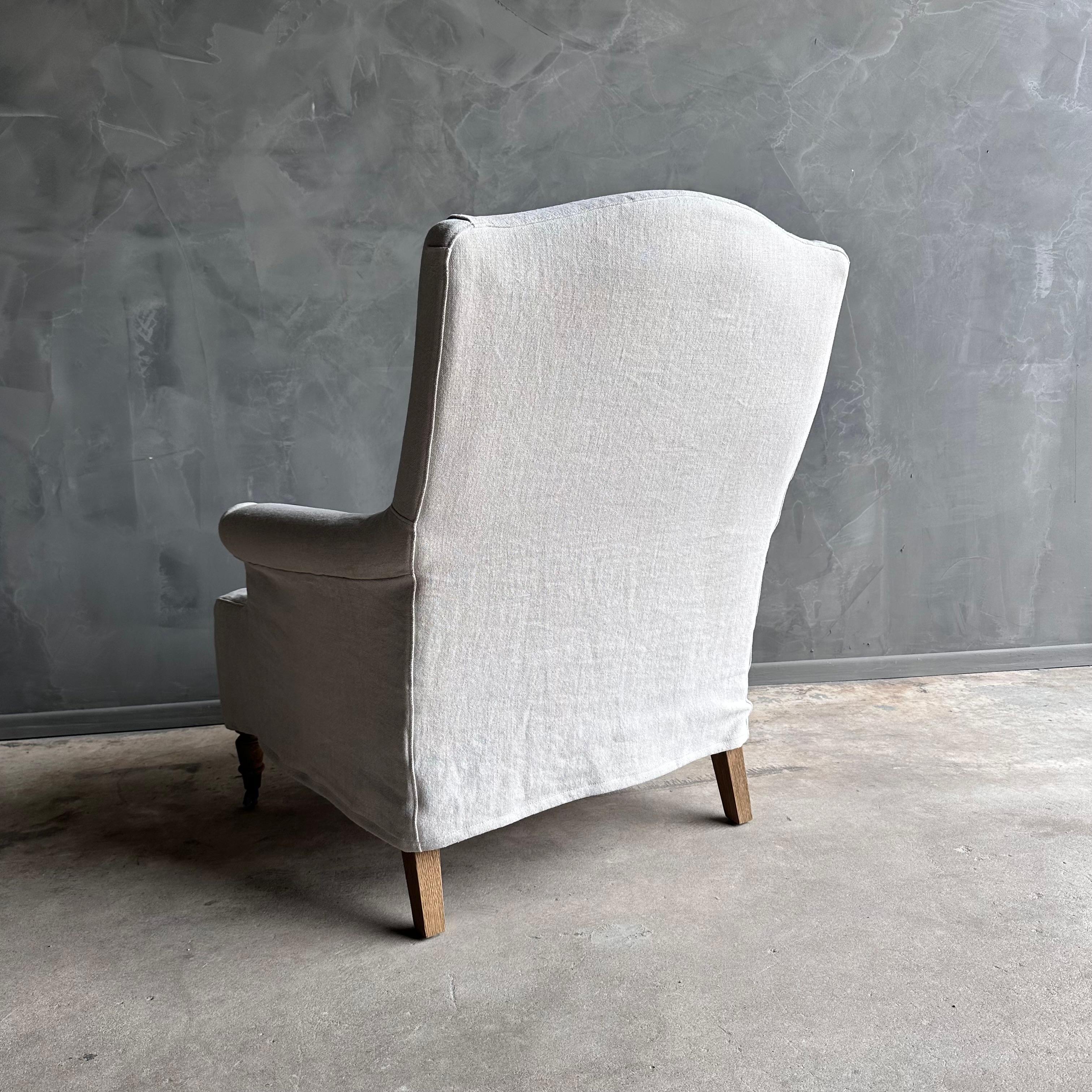 Alma Linen Slip Covered Club Chair with White Oak Legs and Caster Wheels For Sale 5