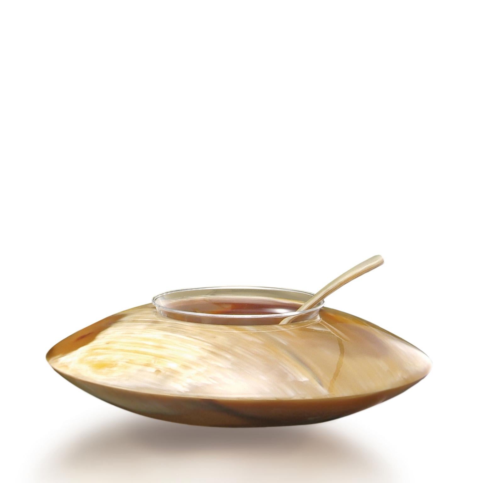 Almas Caviar Bowl and Spoon in Corno Italiano and Crystal Mod. 290 In New Condition For Sale In Recanati, Macerata