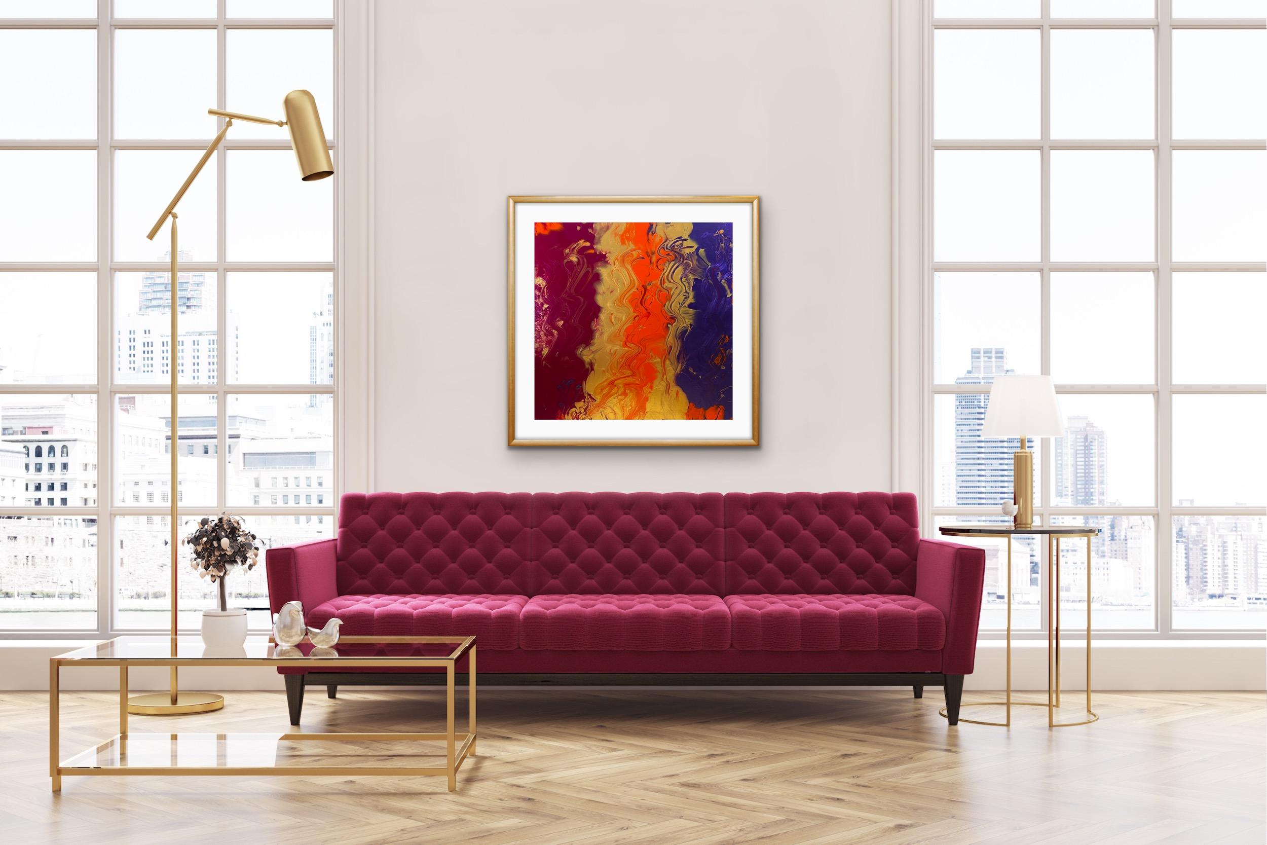 Bold streaks of Blue/purple, orange and maroon are sharply divided by gold swaths of color. Linear yet intriguing with bits of copper strewn in between. Perfect in any room, as it has three colors plus gold!