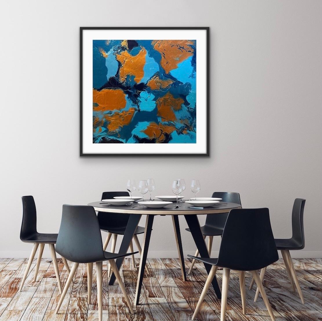 Pools of copper and waves of blue dance on this canvas. Your eyes are soothed by the calm colors. Don't be fooled by the color combinations as each color layer is nuanced and textured.