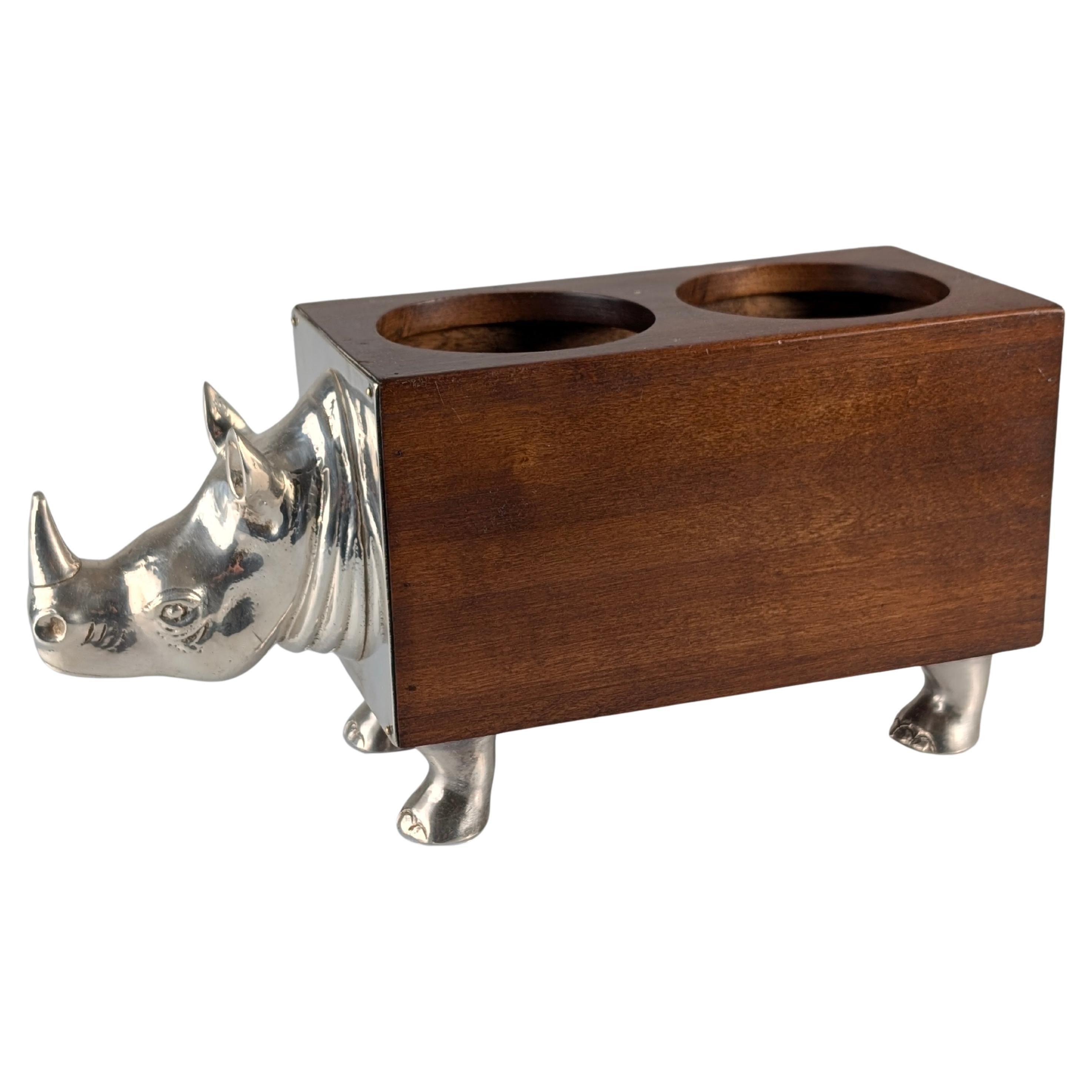Almazán Rhino Bottle Holder, Mid-Century Modern Wood 
Nickel Silver, 1960s For Sale