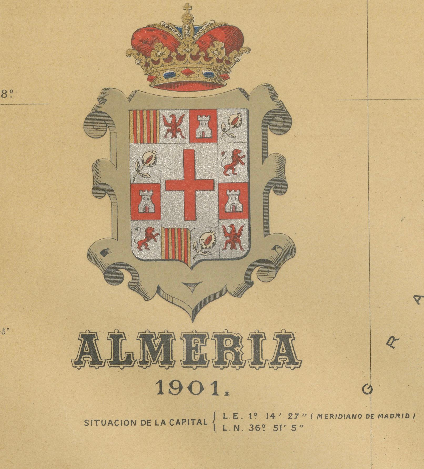 Eine originale antike Karte der Provinz Almería, Spanien, aus dem Jahr 1901. 

Das Mittelmeer, bezeichnet als 