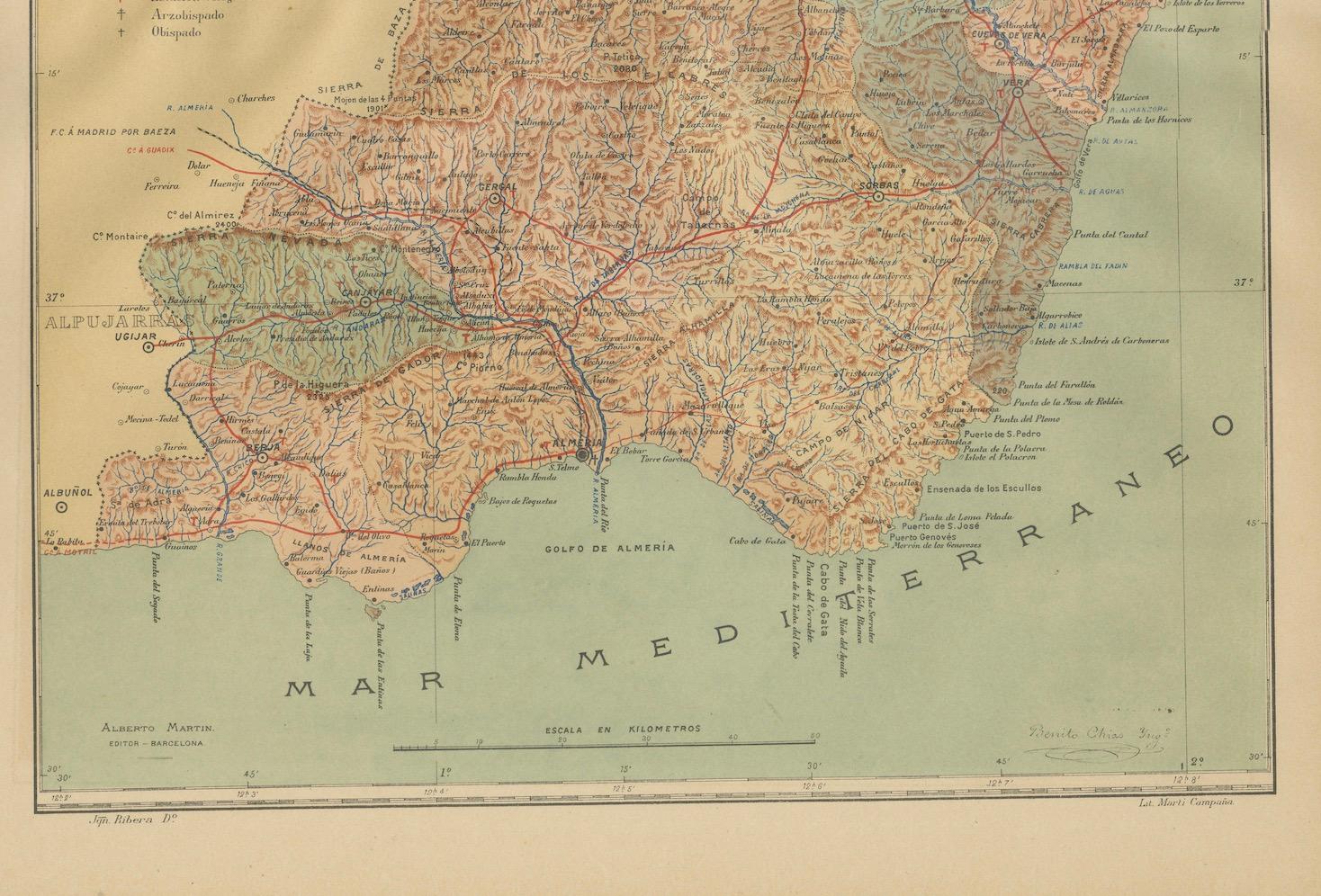 Almería 1901: Küstenkonturen und Landschaften in einer Karte von Südostspanien im Zustand „Gut“ im Angebot in Langweer, NL
