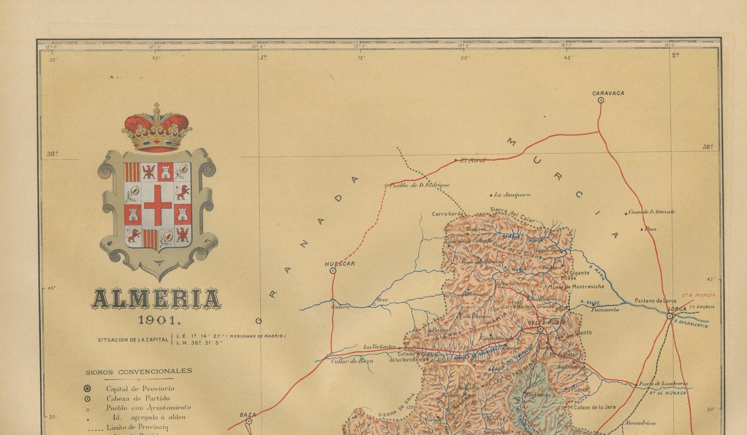 Almería 1901: Küstenkonturen und Landschaften in einer Karte von Südostspanien (Frühes 20. Jahrhundert) im Angebot