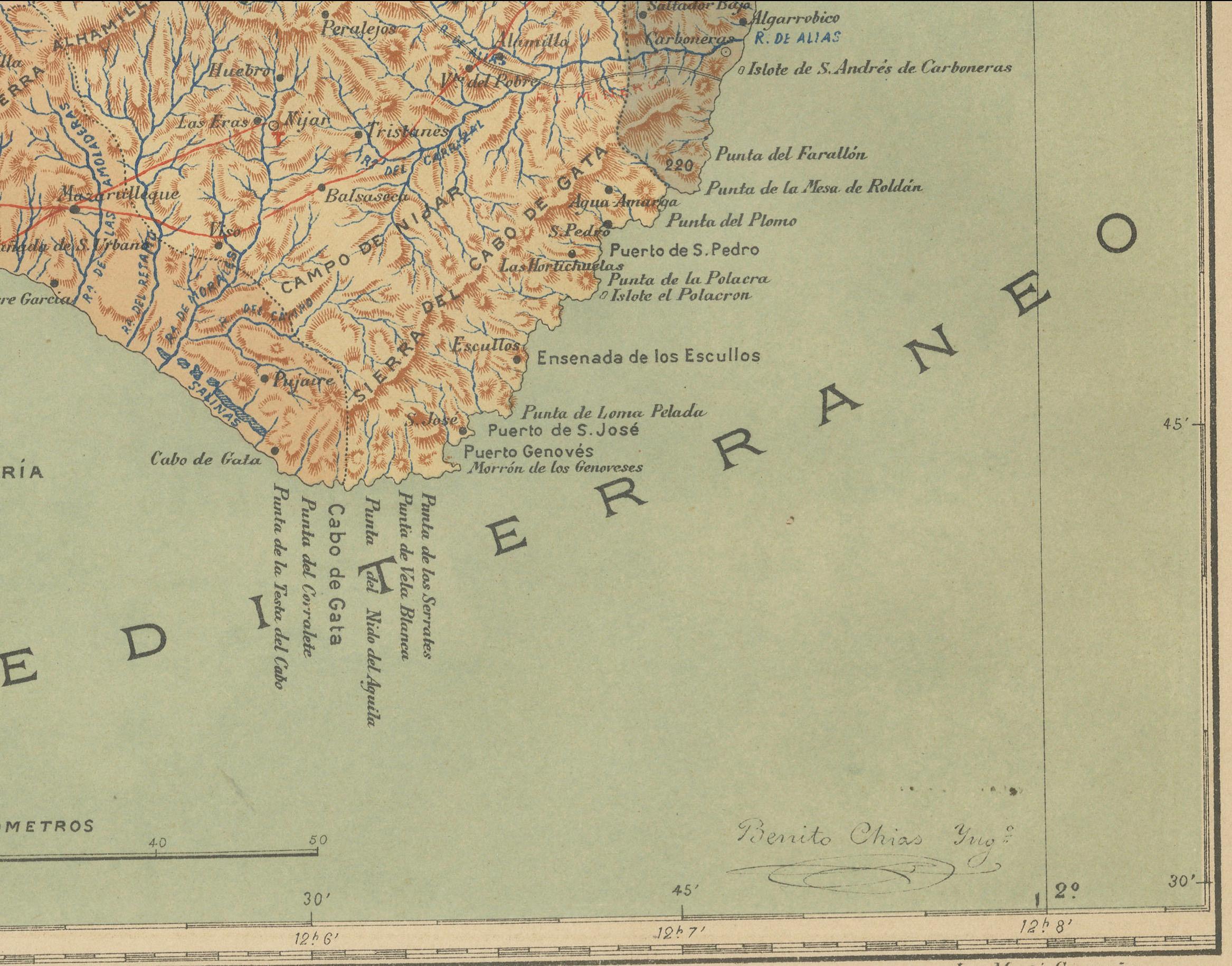 Almería 1901: Küstenkonturen und Landschaften in einer Karte von Südostspanien (Papier) im Angebot