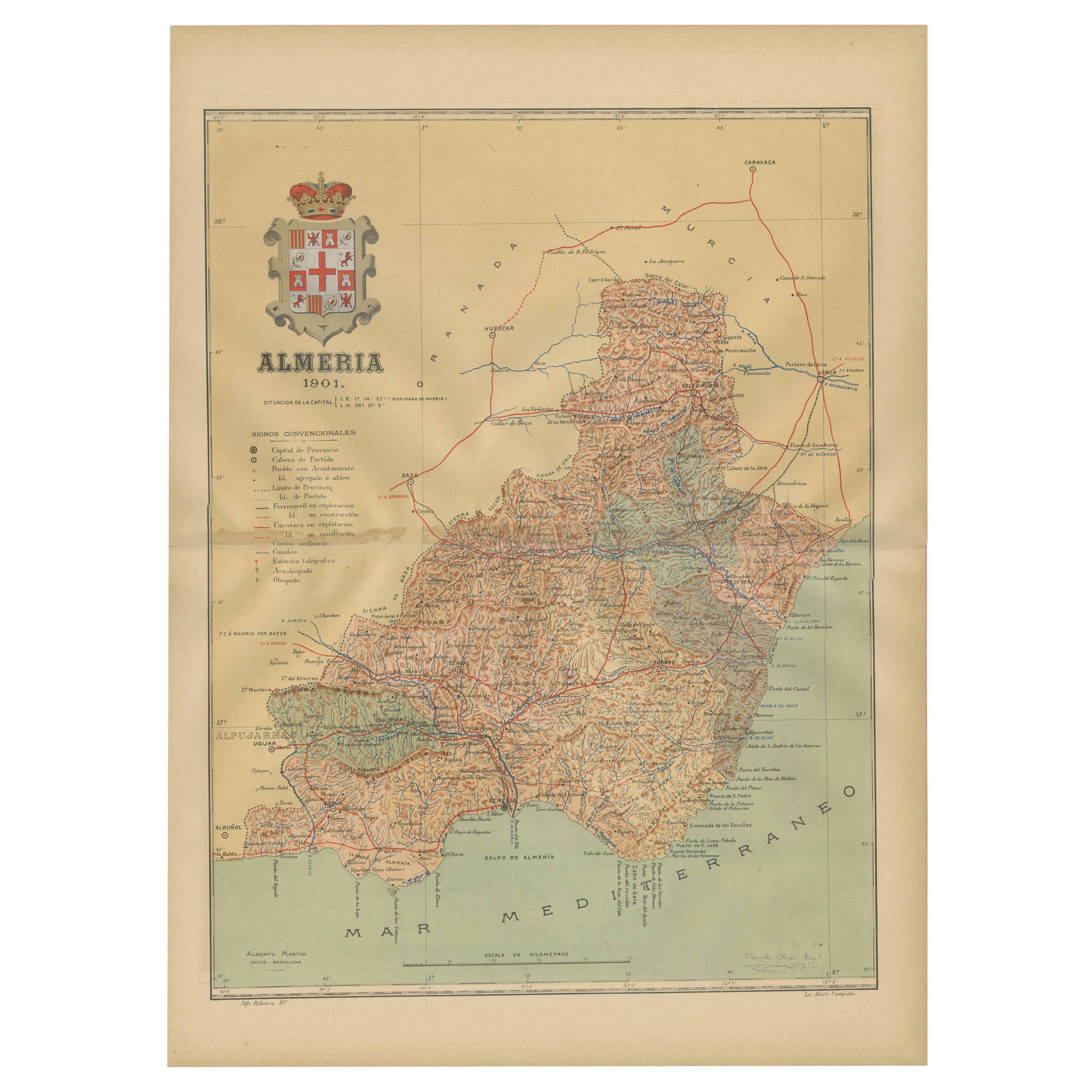 Almería 1901: Contorni e paesaggi costieri in una mappa della Spagna sud-orientale in vendita