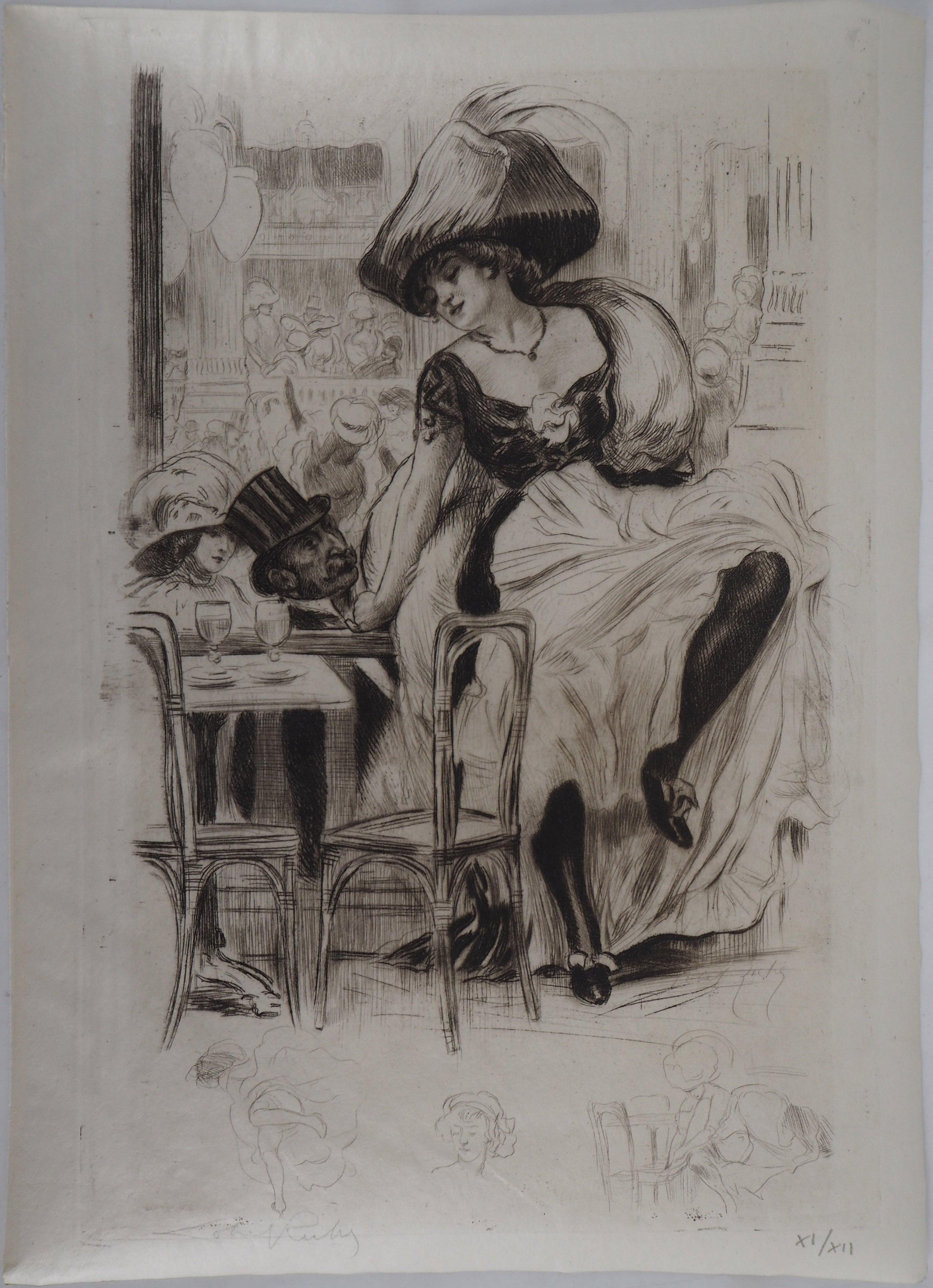 Cabaret of Paris : Cancan Dancer - Original Etching on parchment, Handsigned  - Print by Almery Lobel-Riche