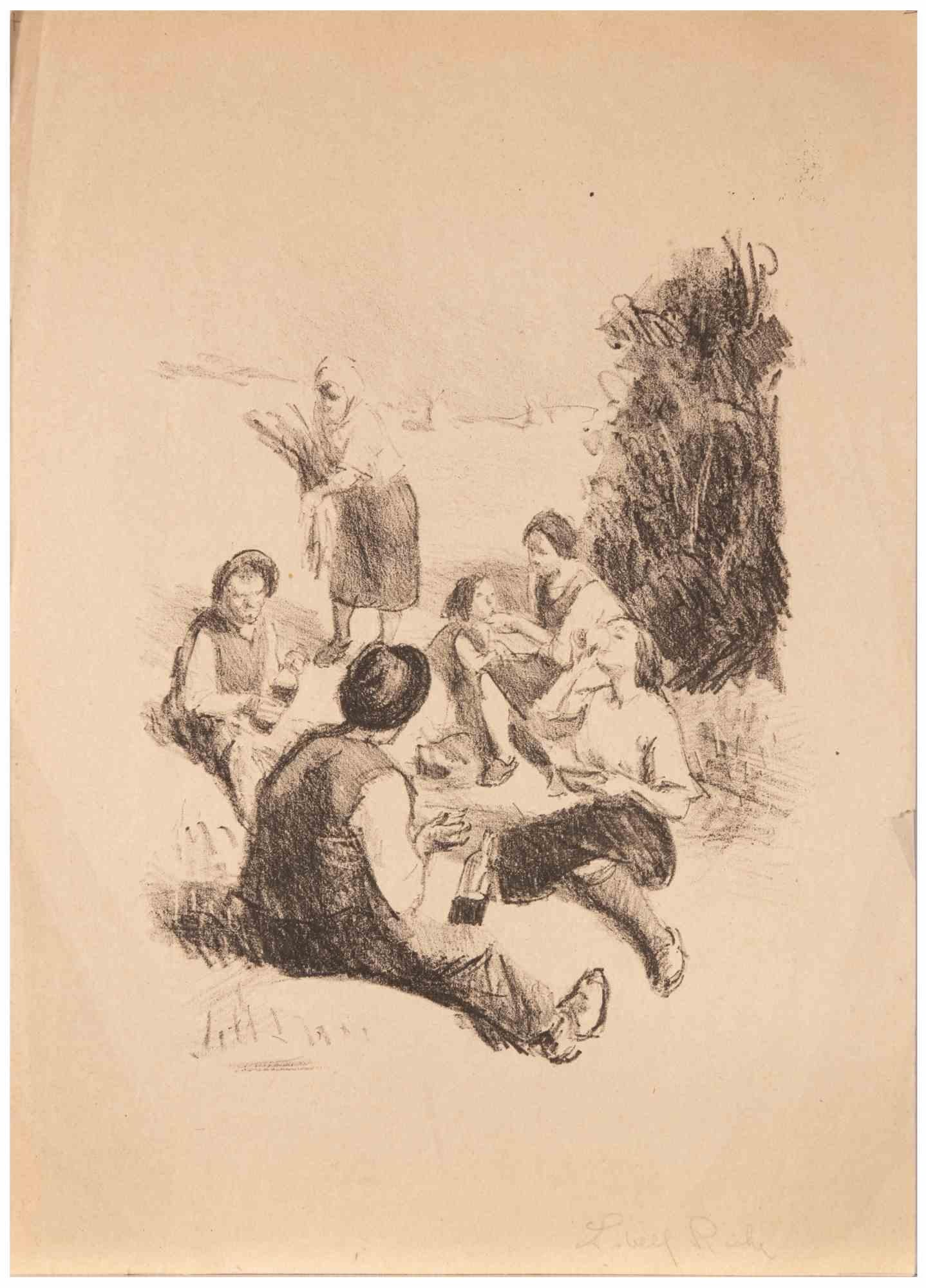 Almery Lobel-Riche Figurative Print - Family of Peasants - Etching by Lobel-Riche - Early 20th Century