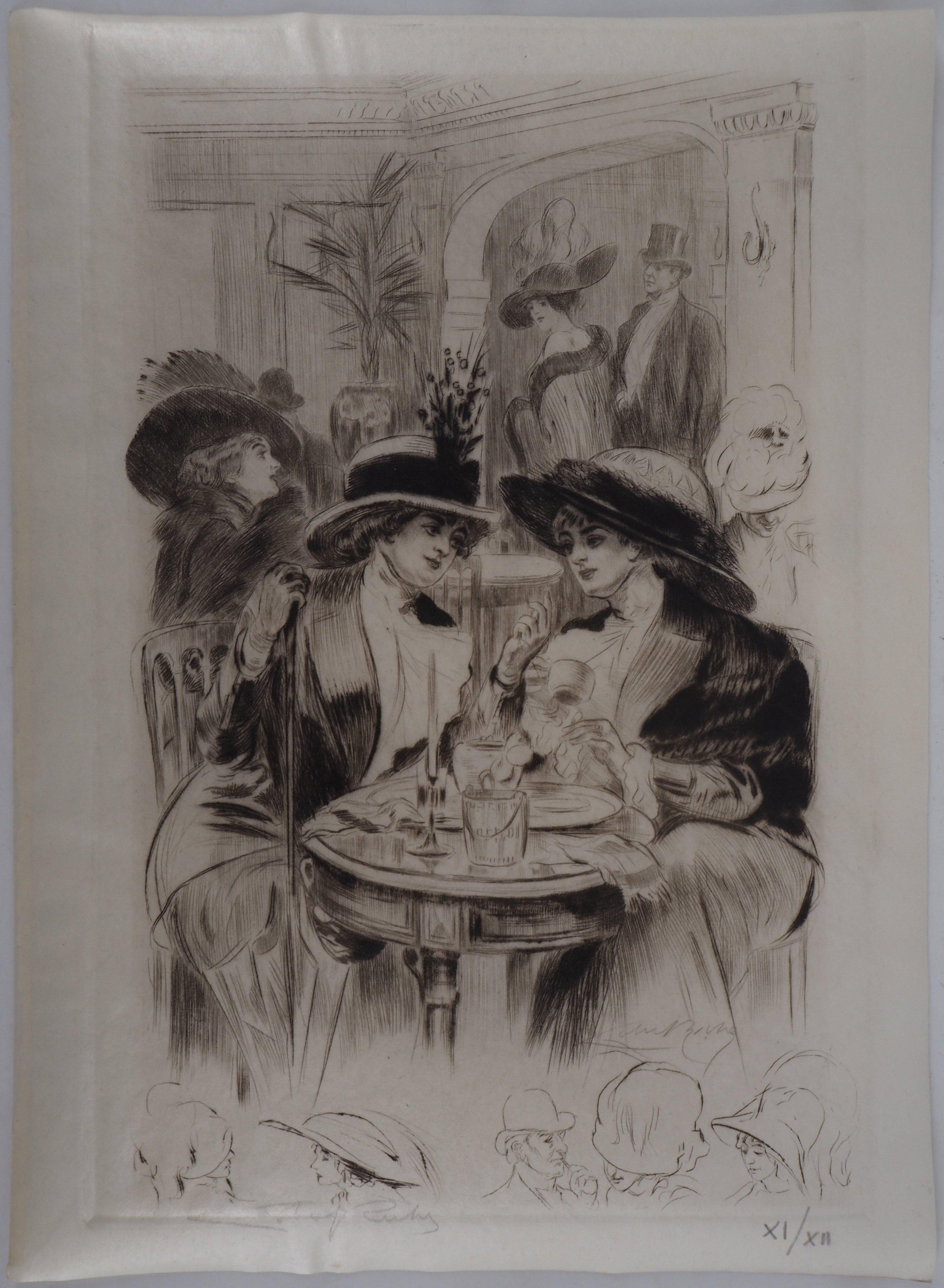 Lunch in Paris - Original Etching Handsigned  - Print by Almery Lobel-Riche
