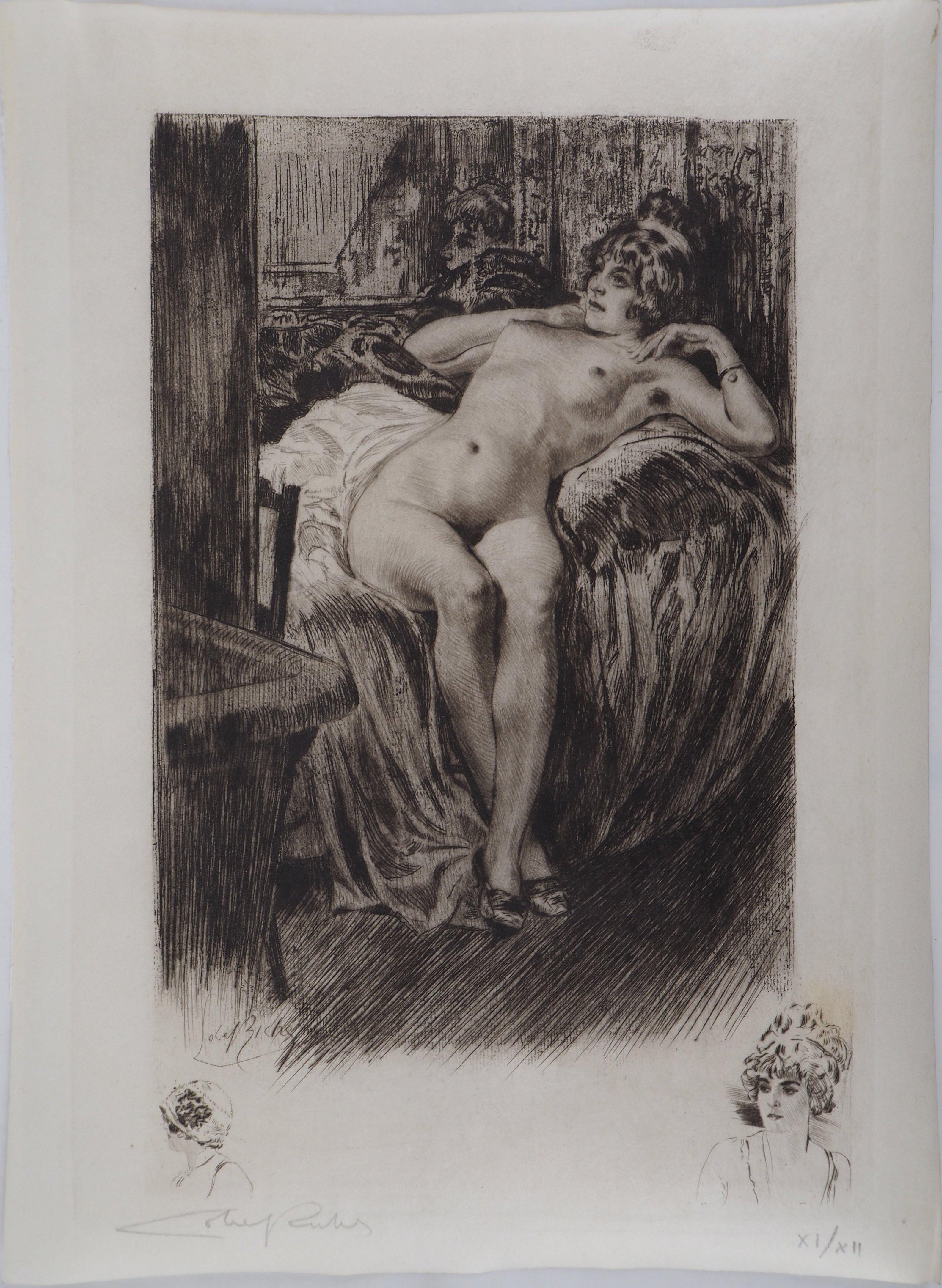 Lying Nude on a bed - Original Etching Handsigned  - Modern Print by Almery Lobel-Riche