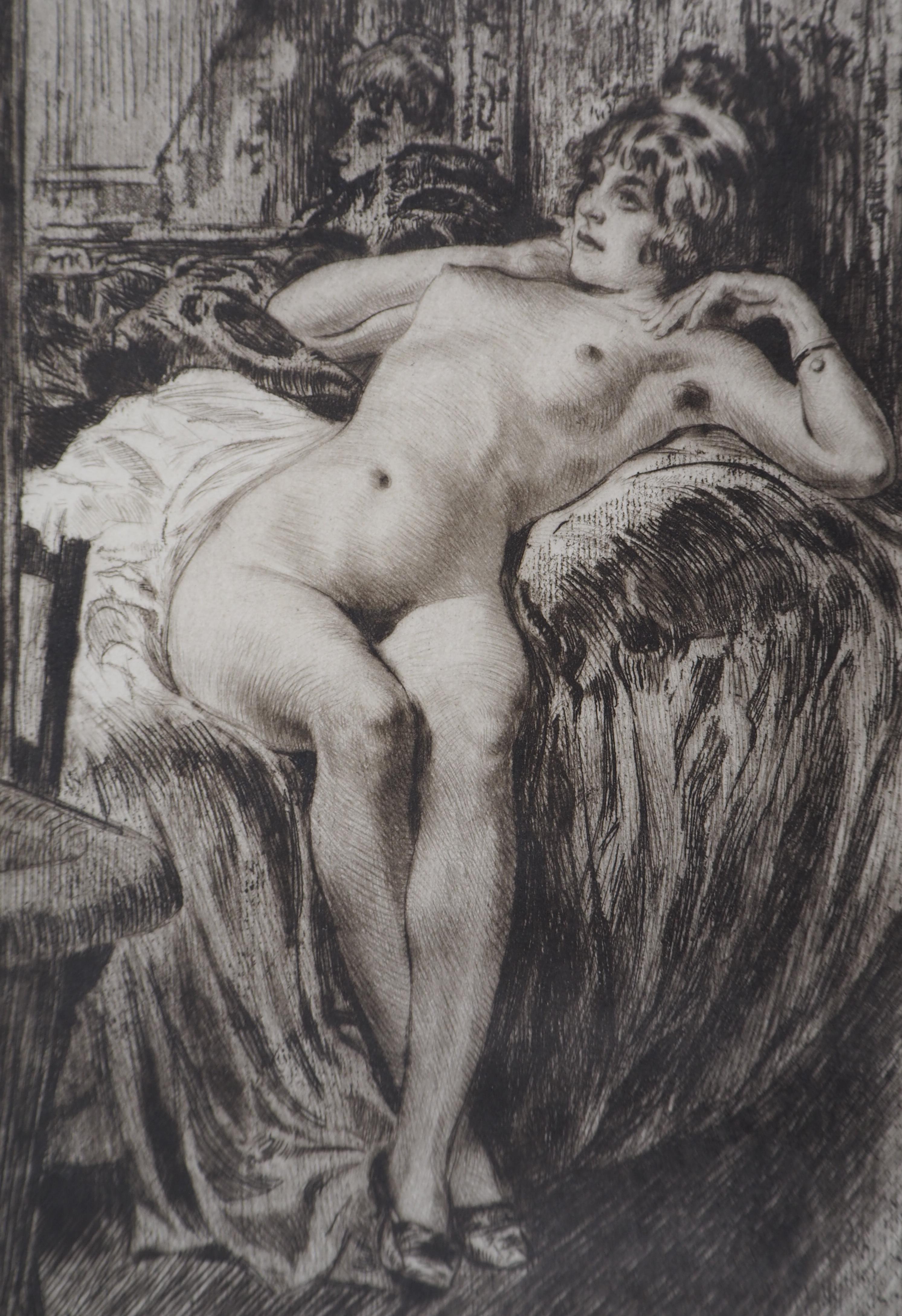 Lying Nude on a bed - Original Etching Handsigned  - Black Nude Print by Almery Lobel-Riche