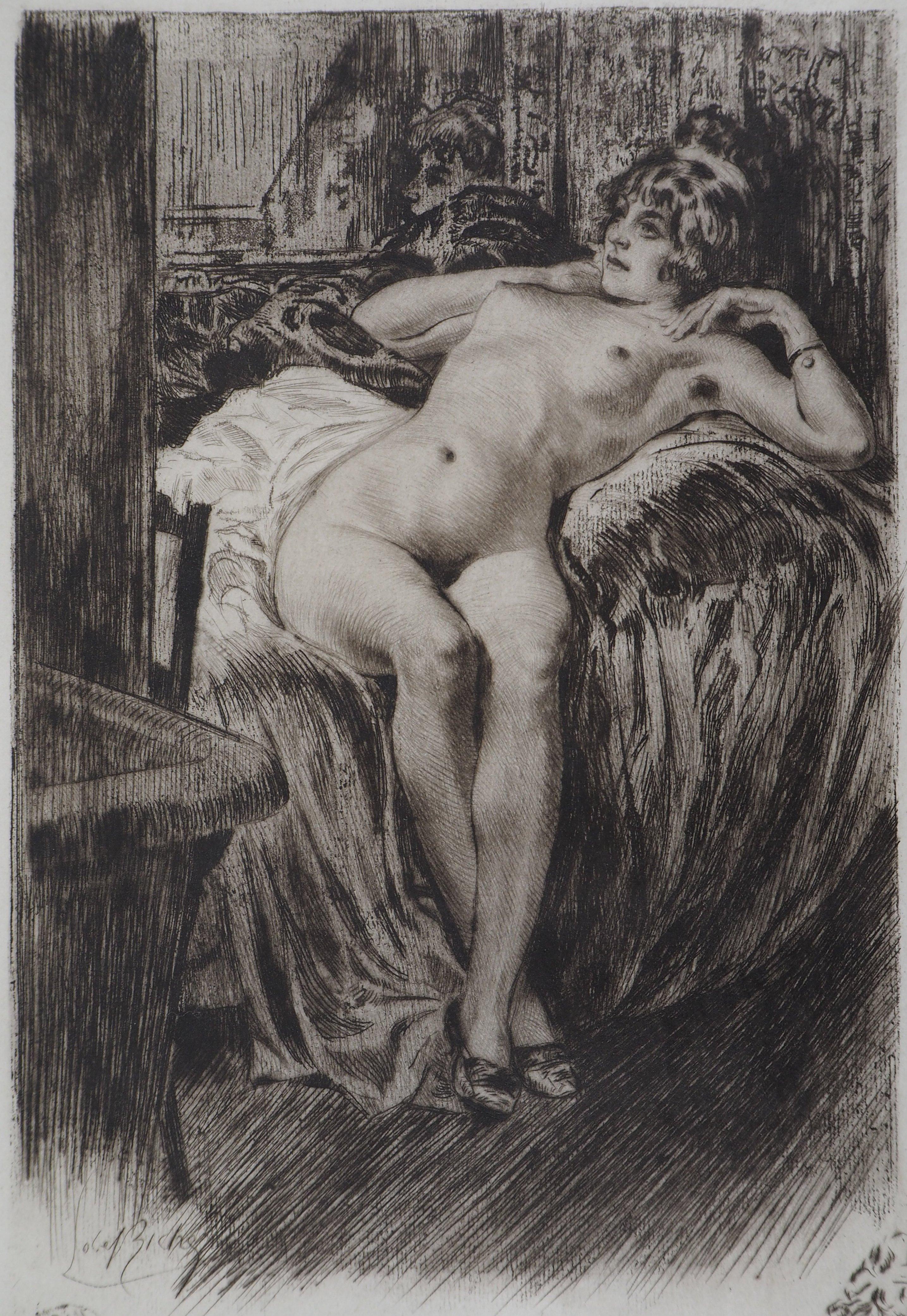 Almery Lobel-Riche Nude Print - Lying Nude on a bed - Original Etching Handsigned 
