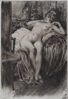 Lying Nude on a bed - Original Etching Handsigned 