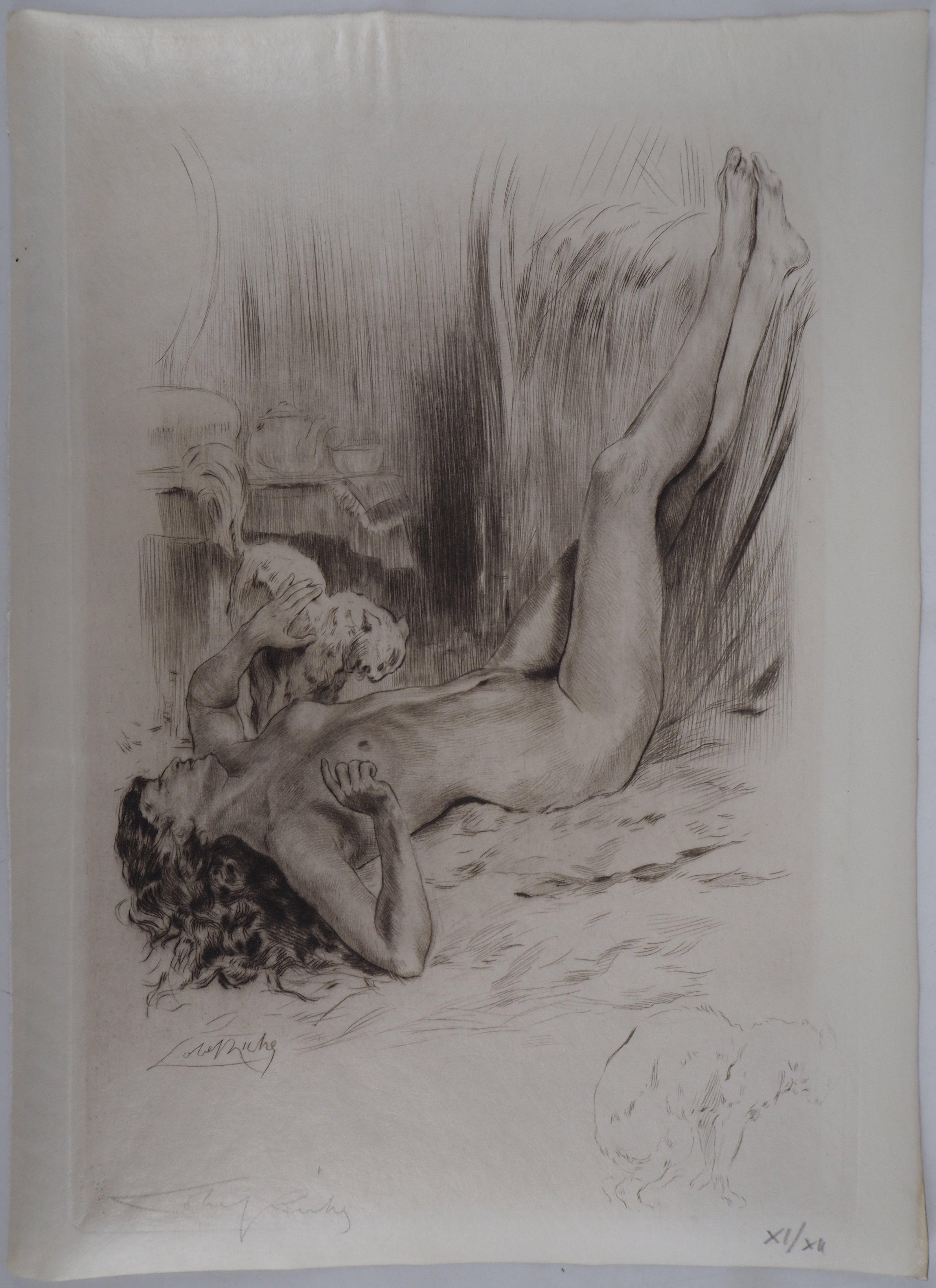 Naked woman with a cat - Original Etching Handsigned  - Print by Almery Lobel-Riche