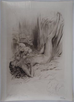 Femme nue avec un chat - Gravure originale signée à la main