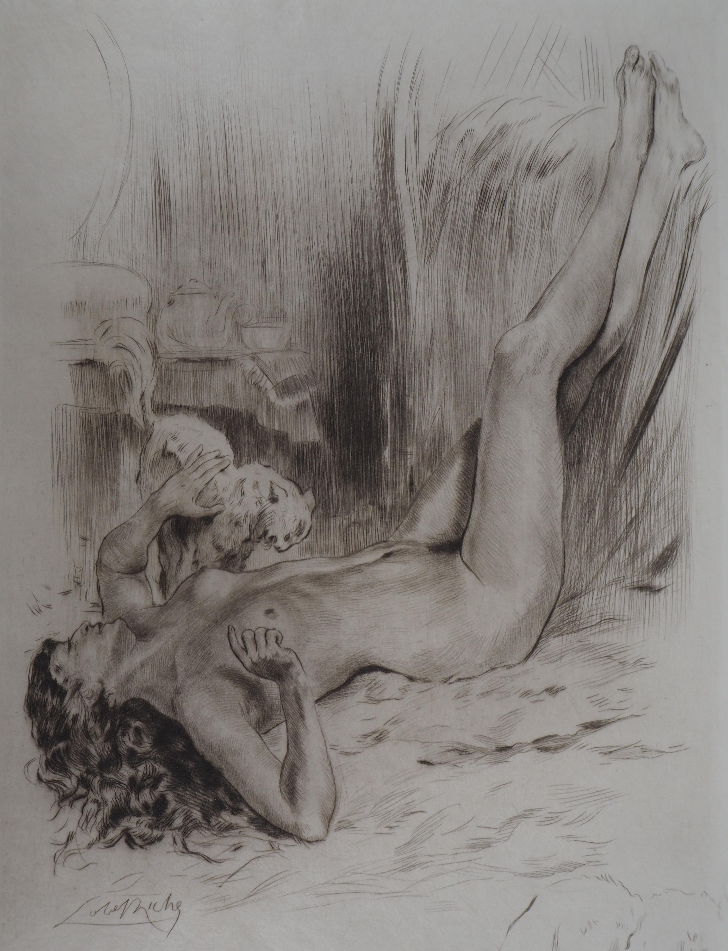 Almery Lobel-Riche Nude Print - Naked woman with a cat - Original Etching Handsigned 