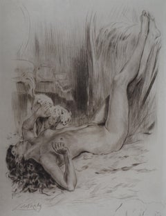 Naked woman with a cat - Original Etching Handsigned 