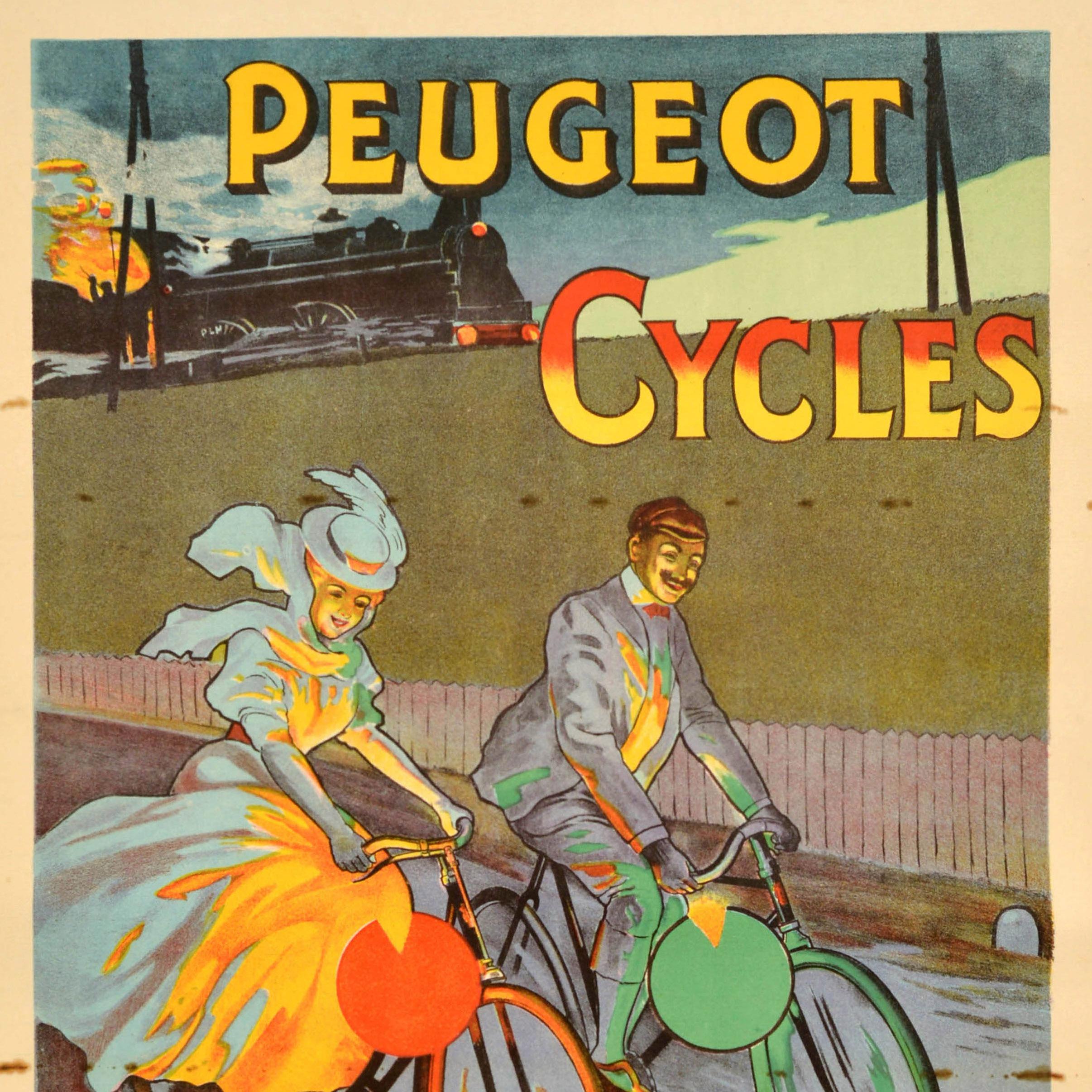Original Antique Bicycle Advertising Poster Peugeot Cycles Valentigney Doubs - Beige Print by Almery Lobel-Riche
