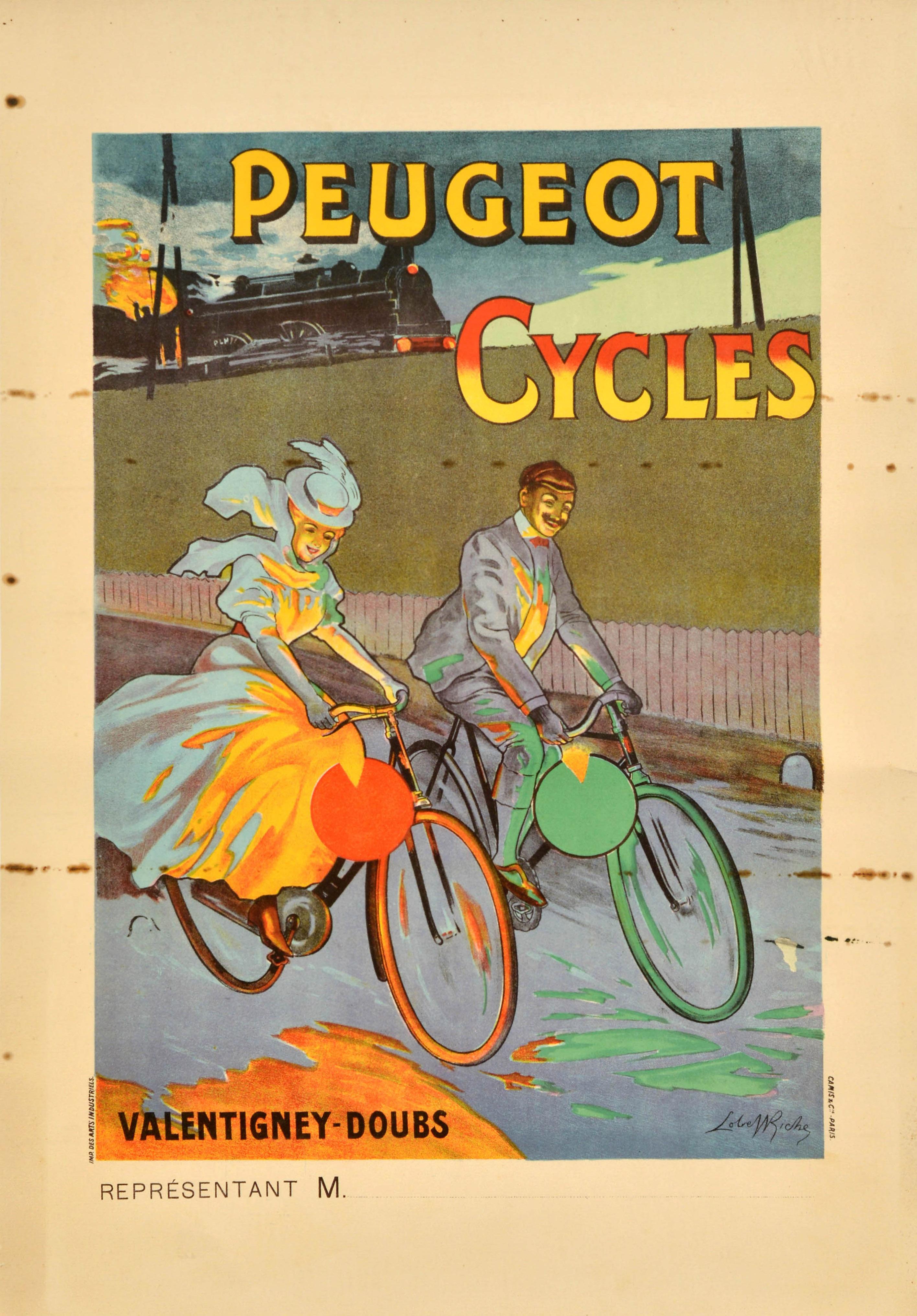 Almery Lobel-Riche Print – Original Antikes Werbeplakat Peugeot Cycles Valentigney Doubs, Werbeplakat für Fahrrad