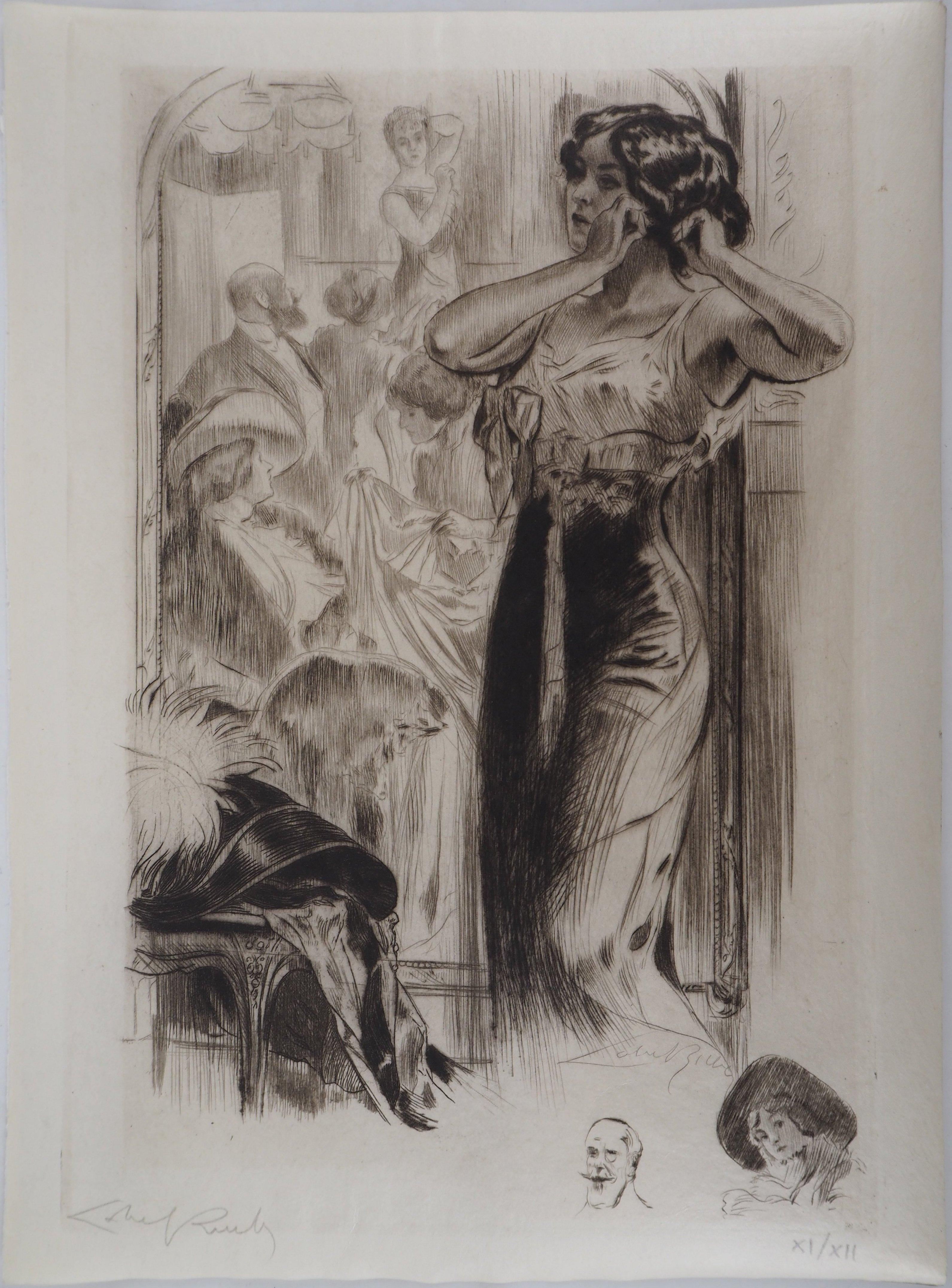 Woman Adjusting her Earring - Original Etching, Handsigned  - Print by Almery Lobel-Riche