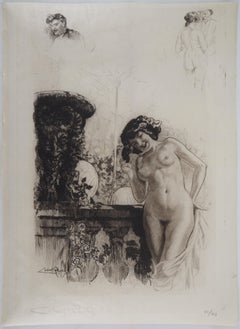Jeune femme dans un jardin - Gravure originale signée à la main