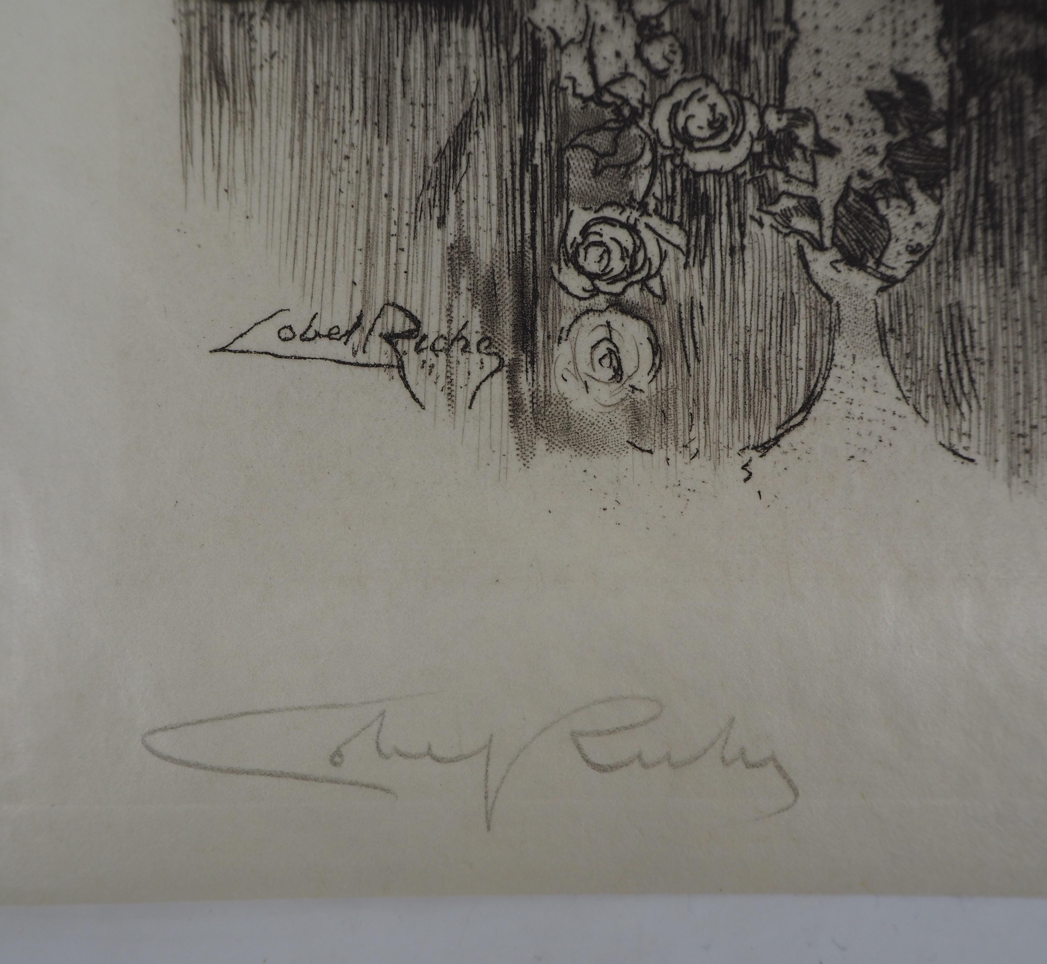 Young lady in a garden - Original Etching Handsigned  - Gray Nude Print by Almery Lobel-Riche