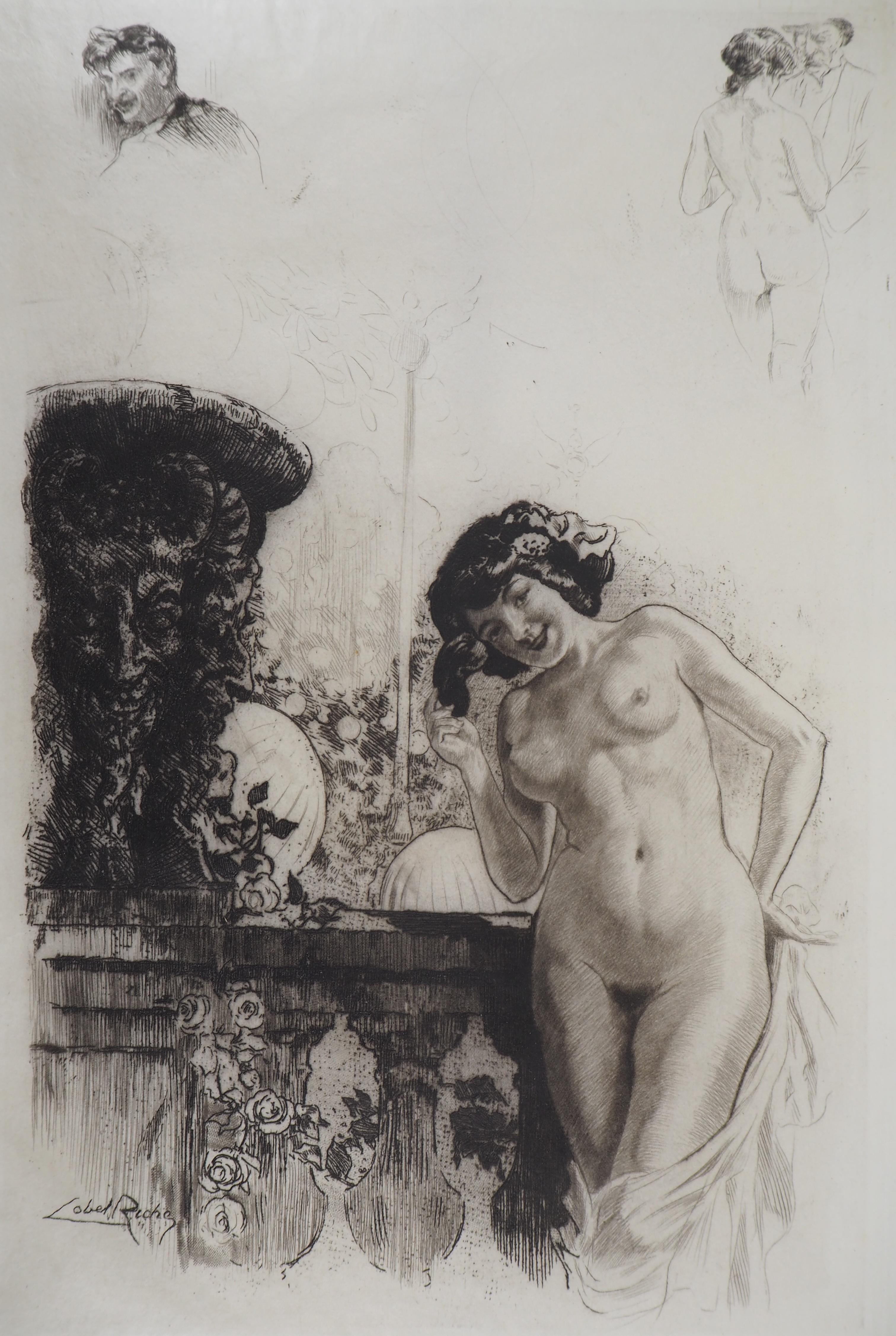 Almery Lobel-Riche Nude Print - Young lady in a garden - Original Etching Handsigned 
