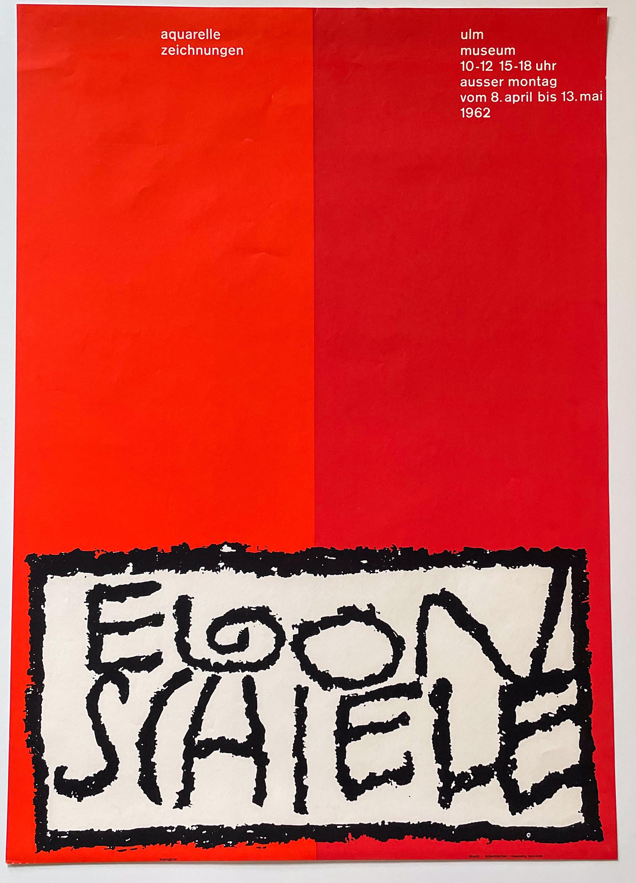 Constructivist poster for an Egon Schiele exhibition held at the Ulm Museum from April 8-May 13, 1962. Designed by Brazilian/German visual artist, graphic designer, and pedagogue Almir da Silva Mavignier (1925-2018). After studying at the Ulm School