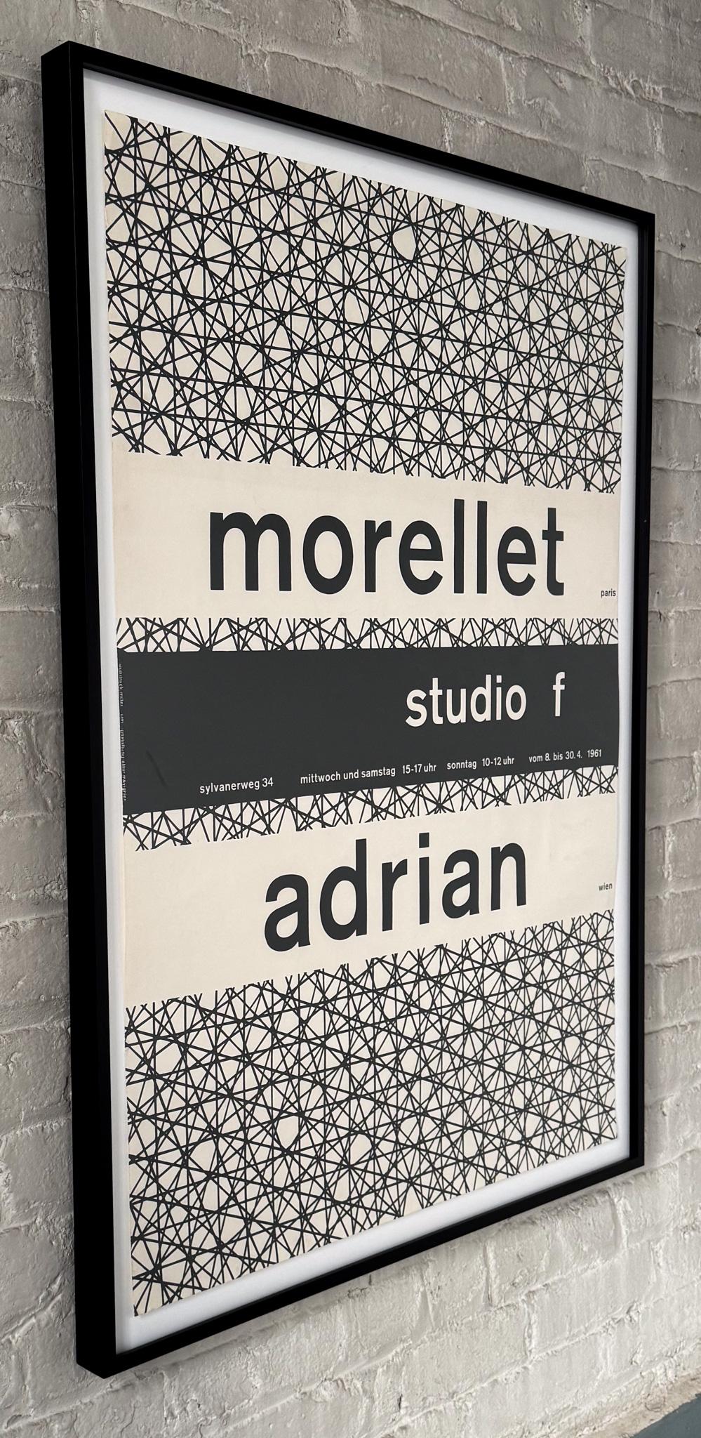 Siebdruckplakat für eine Ausstellung von Werken der Avantgarde-Künstler Francois Morellet und Marc Adrian, die im April 1961 im Studio F von Mark Fried in Ulm stattfand.  Plakatentwurf des brasilianisch-deutschen bildenden Künstlers, Grafikdesigners