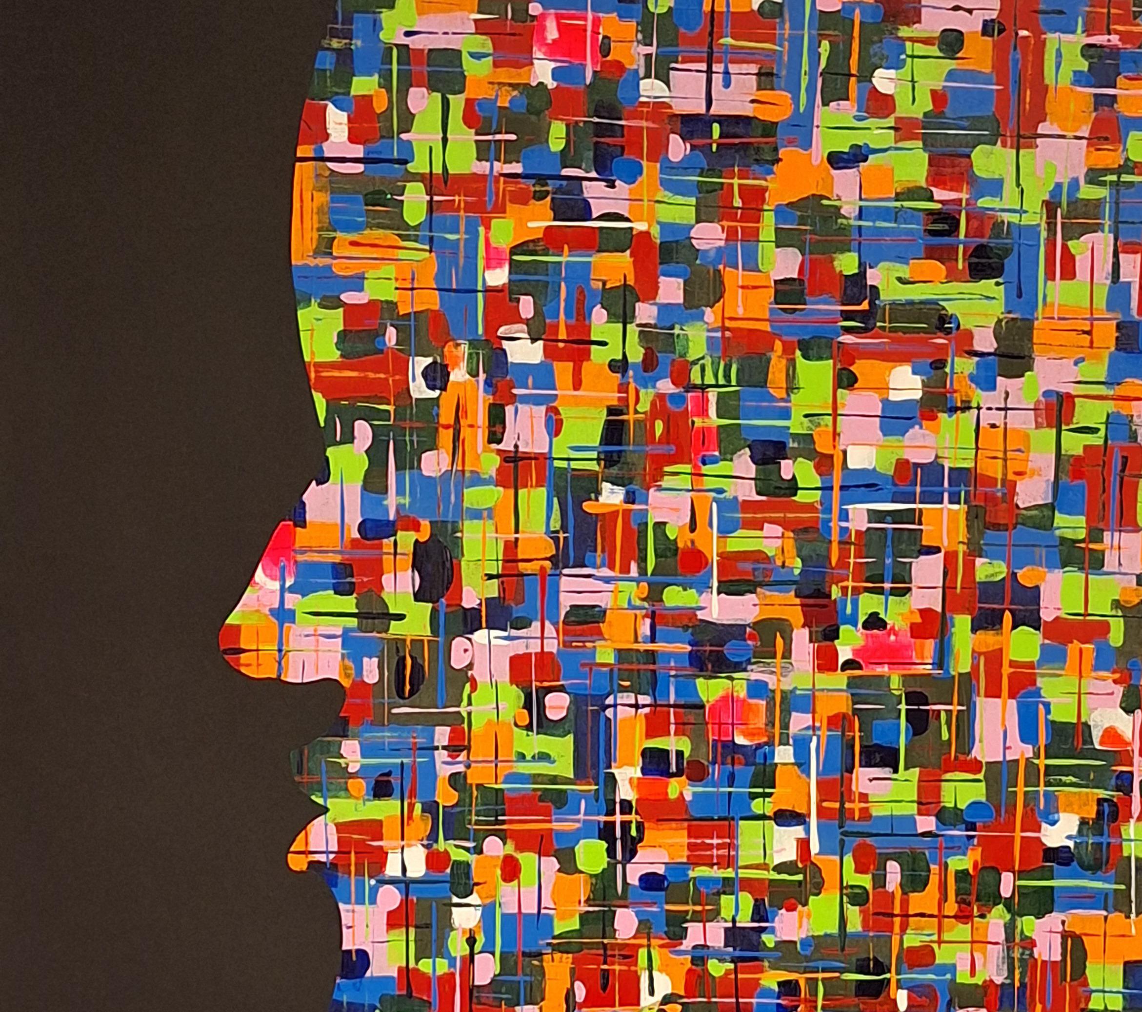 Grande testa di astrazione casuale su nero #1. Dalla serie di teste geometriche - Painting Contemporaneo di ALMO