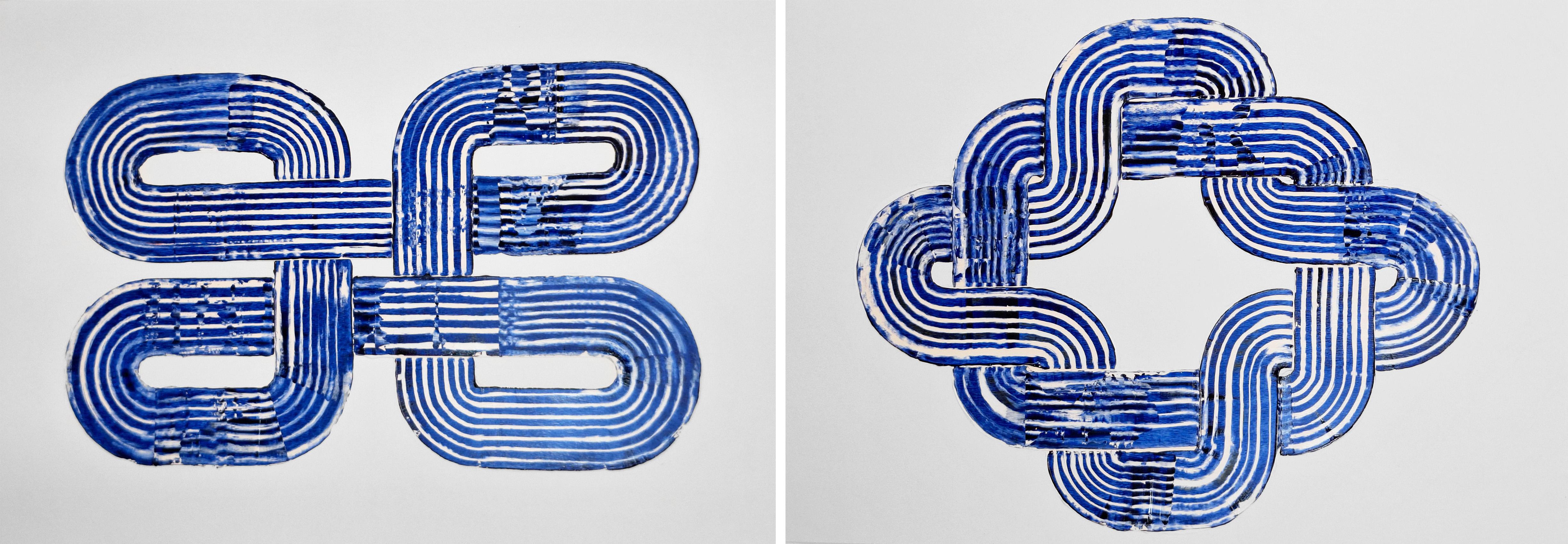 ALMO Abstract Painting - Prussian Blue Movement #5 and #3 Diptych. From The Prussian Blue Series