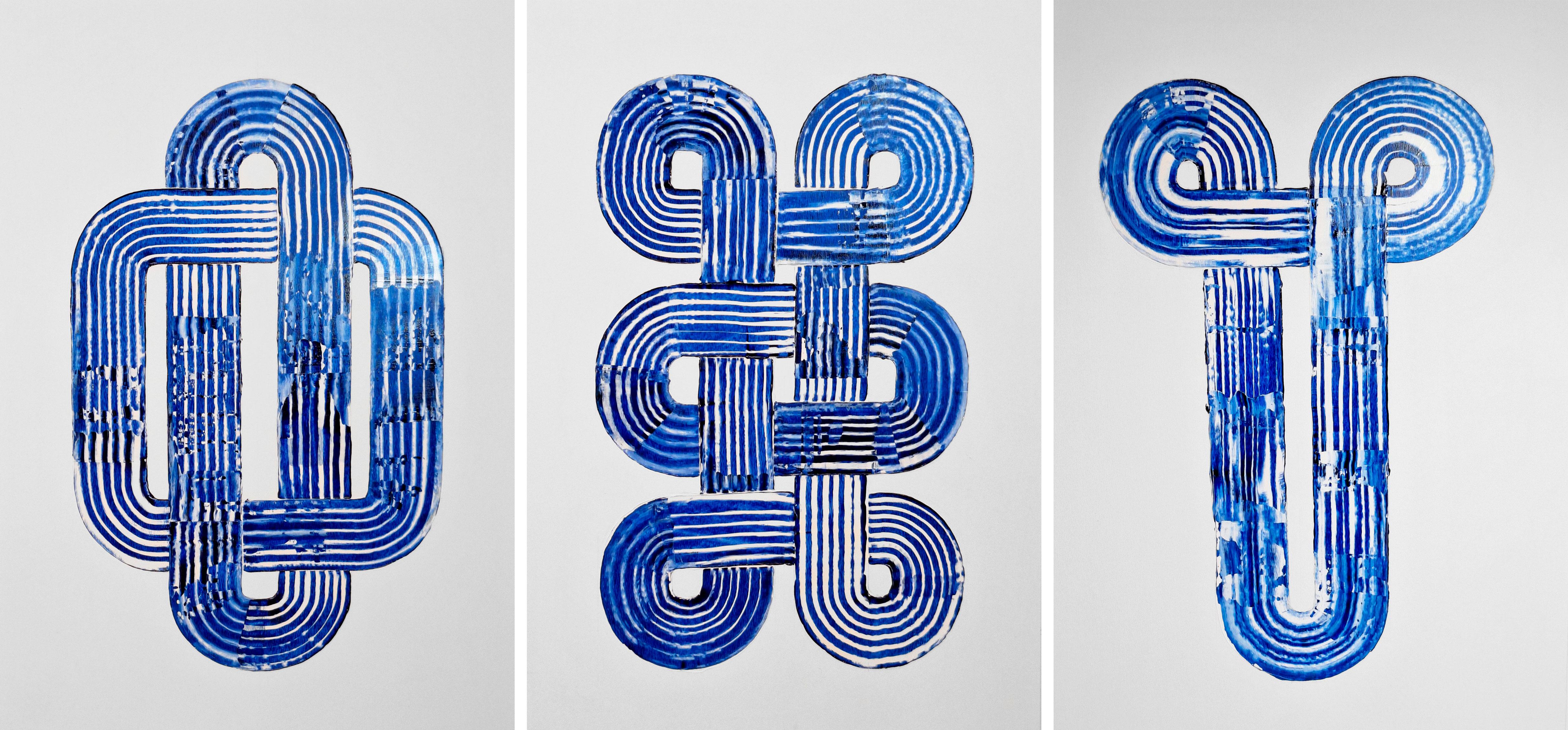 Abstract Painting di ALMO - Movimento blu di Prussia #4, #1 e #2, Trittico. Dalla serie Blu di Prussia