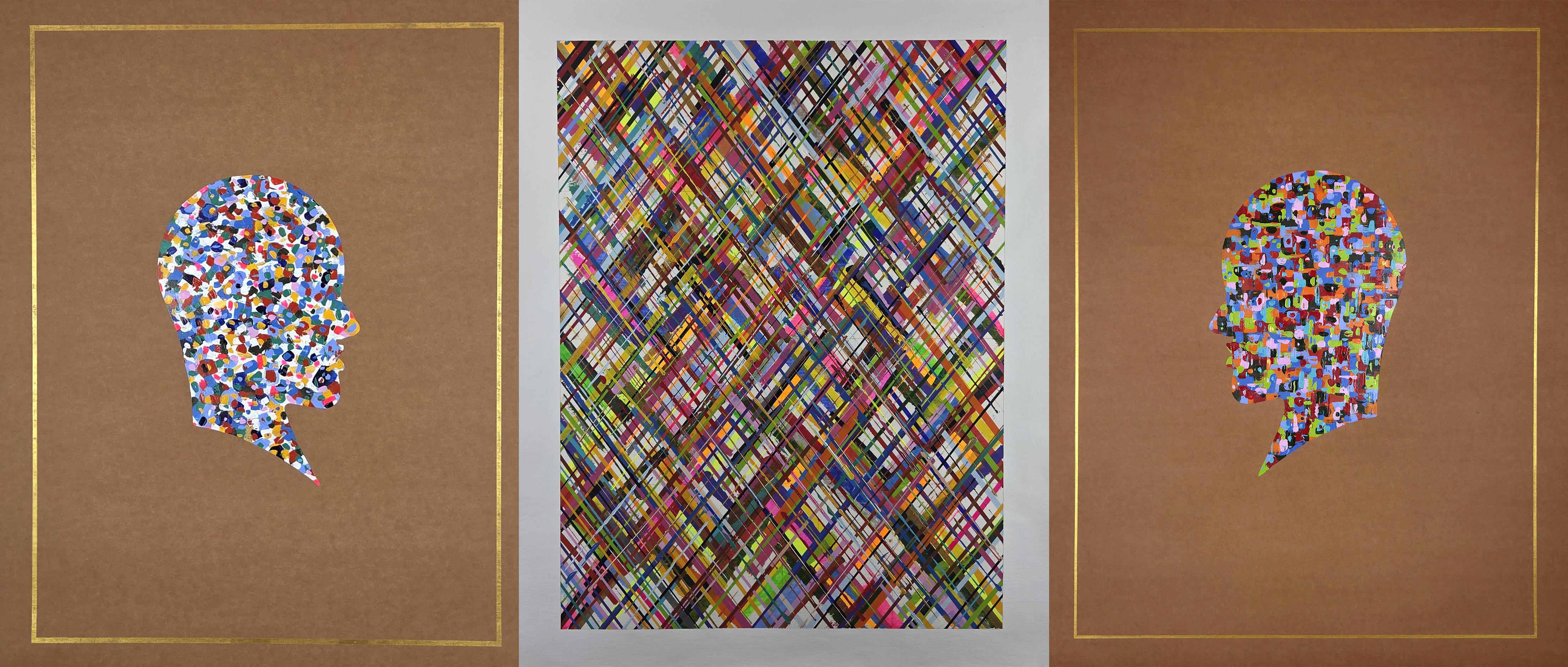 ALMO Figurative Painting - Tryptich from Geometric head series