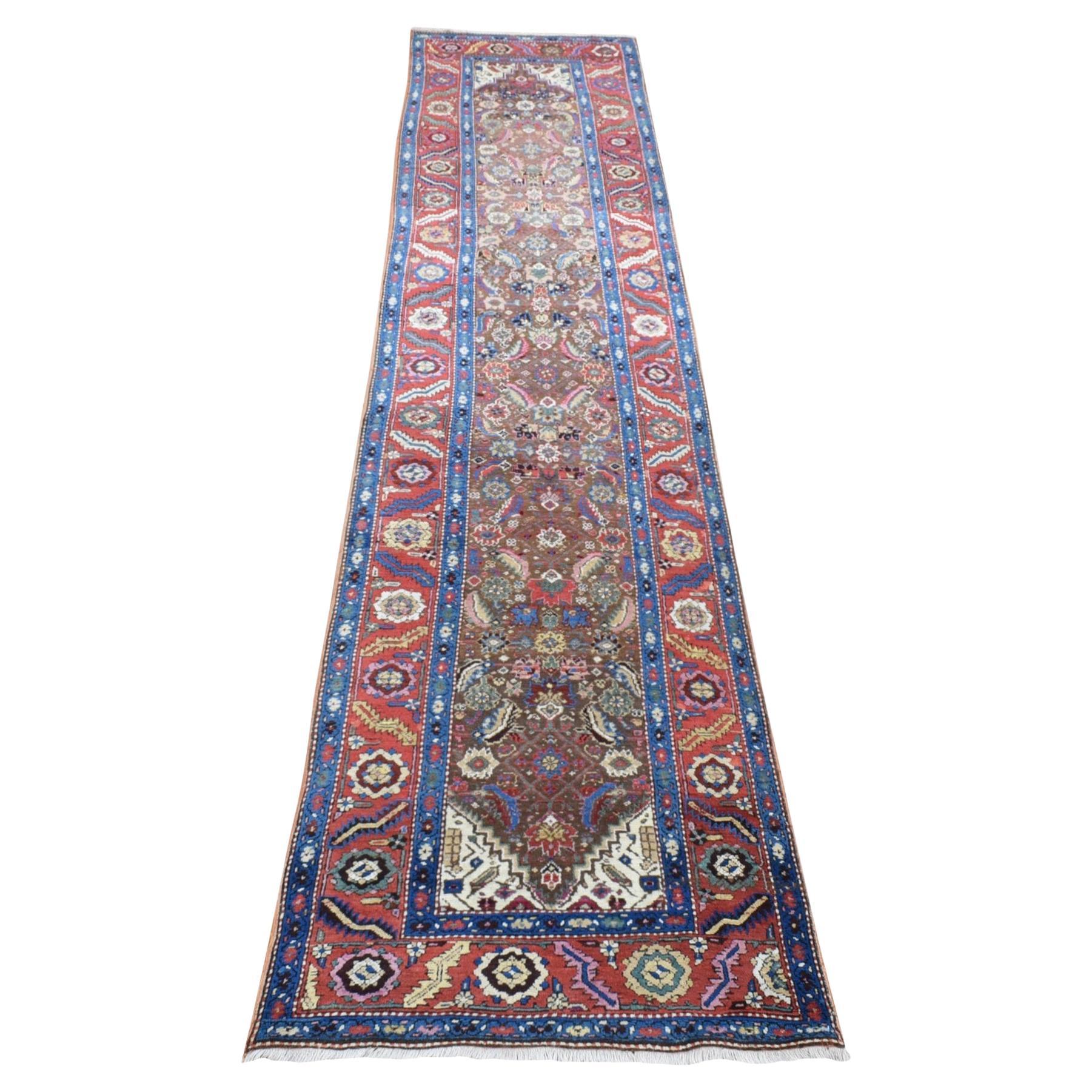 Almond Brown Antique Persian Bakshaish Clean Hand Knotted Pure Wool Runner Rug For Sale