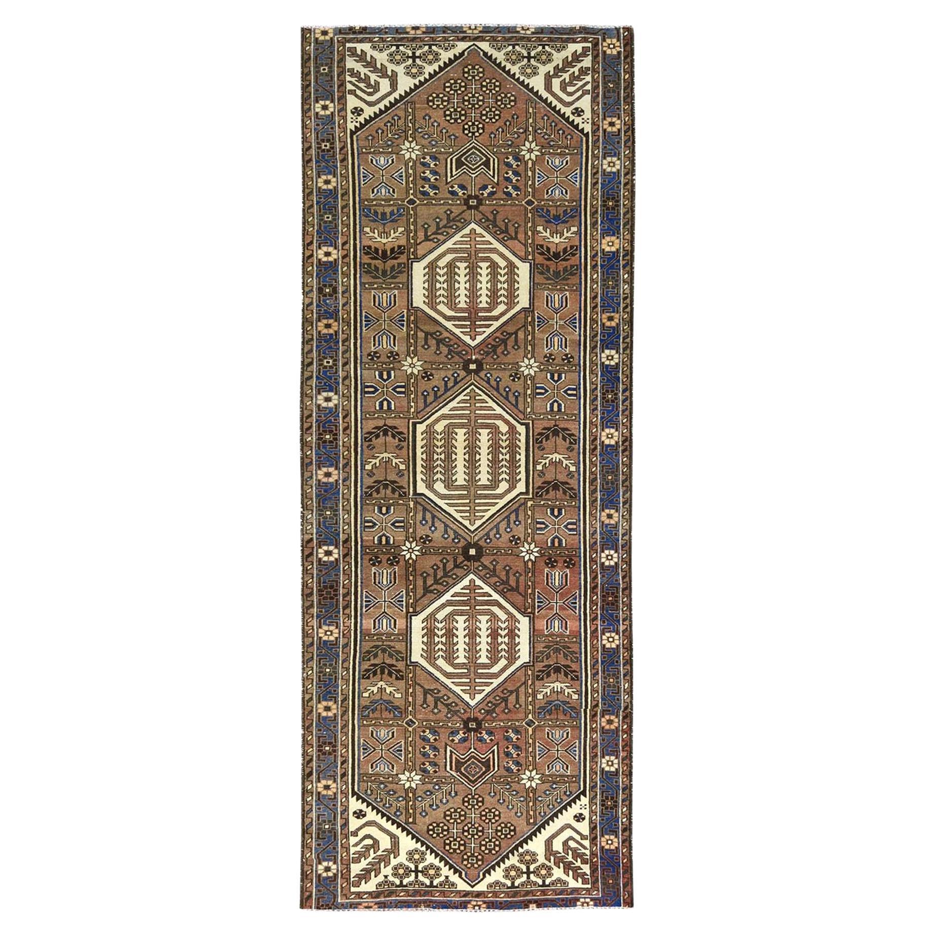 Honey Brown Vintage Persian Hamadan Hand Knotted Pure Wool Worn Down