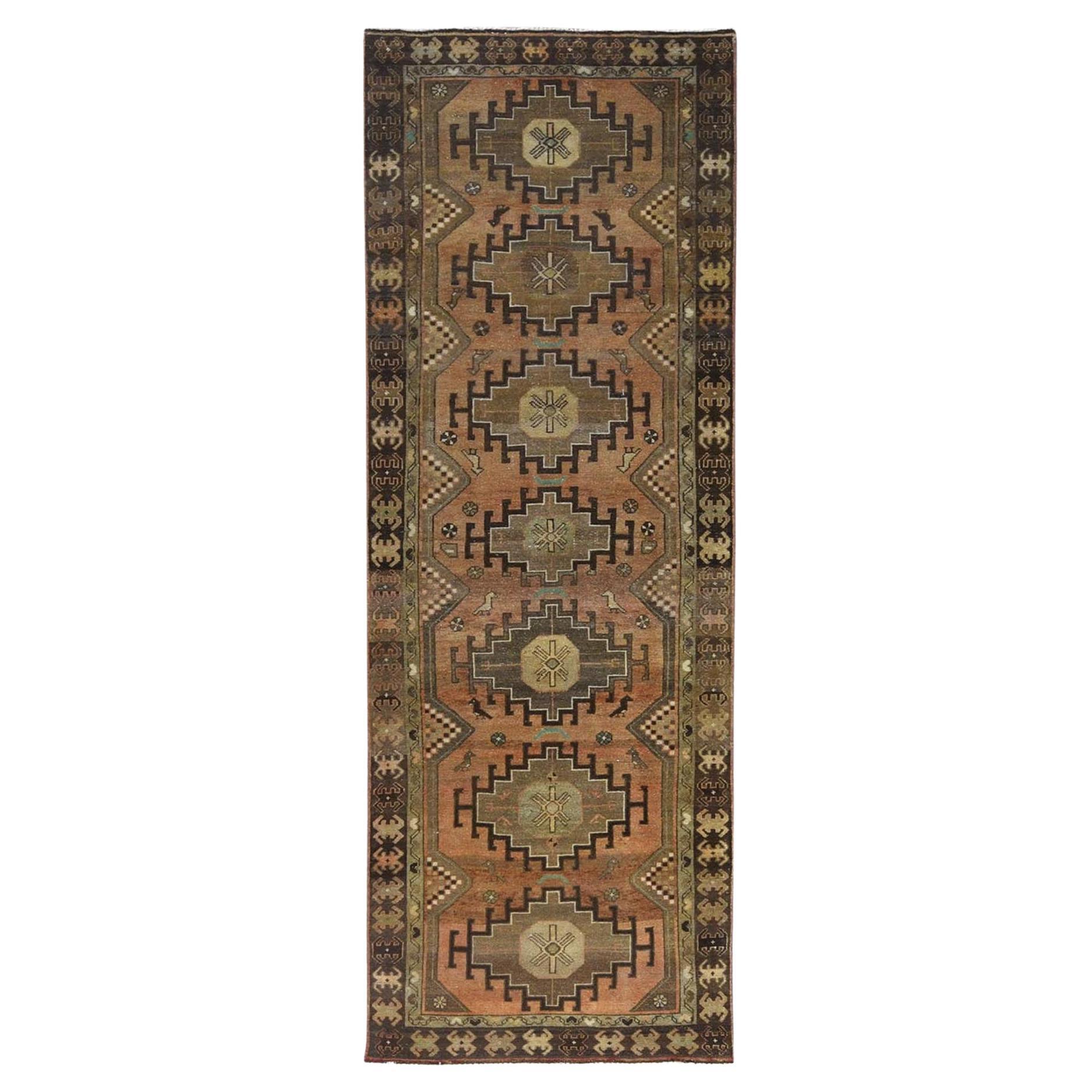 Almond Brown, Distressed Look Worn Wool Hand Knotted Vintage Persian Hamadan Rug For Sale