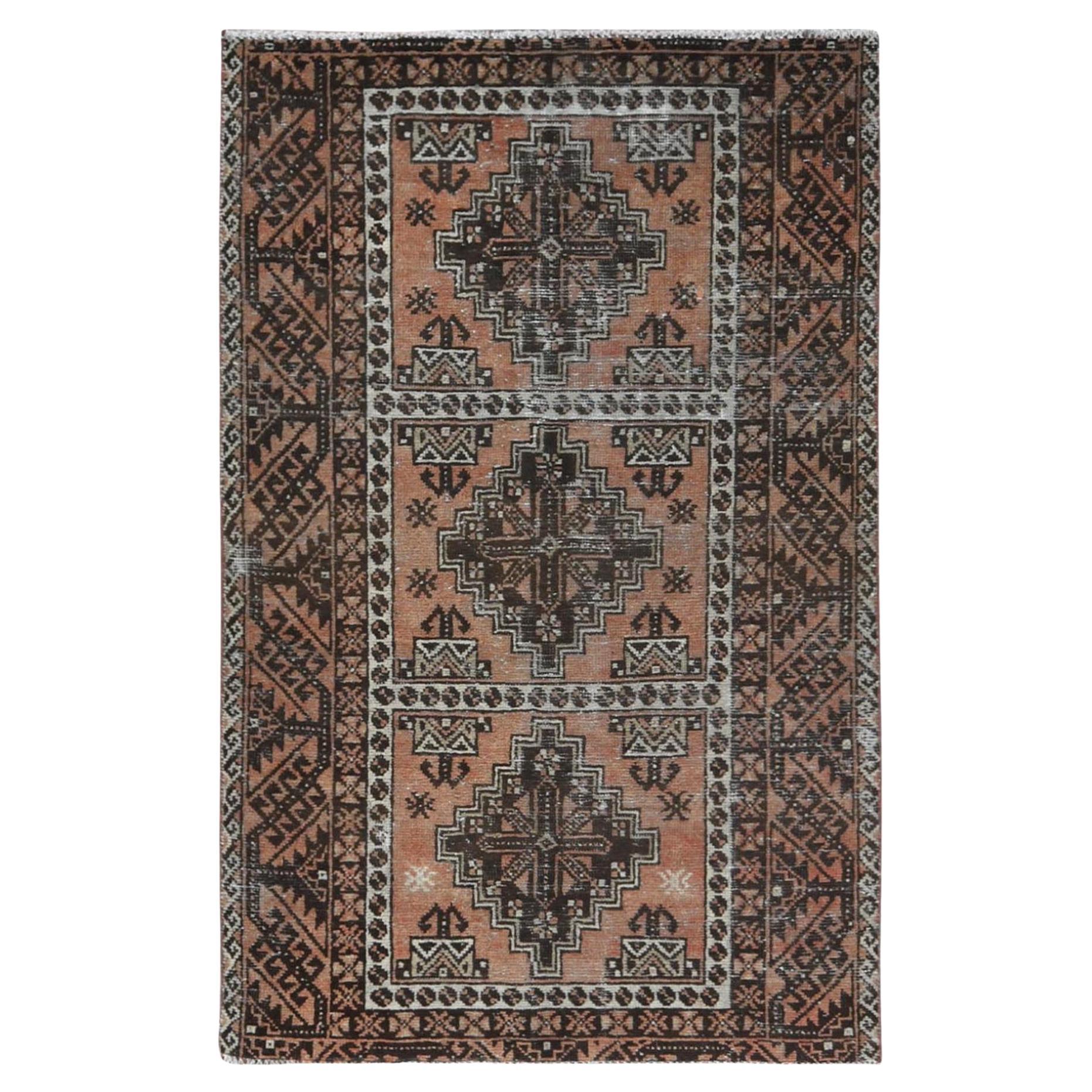 Almond Brown, Hand Knotted Vintage Persian Baluch, Worn Wool Distressed Look Rug For Sale