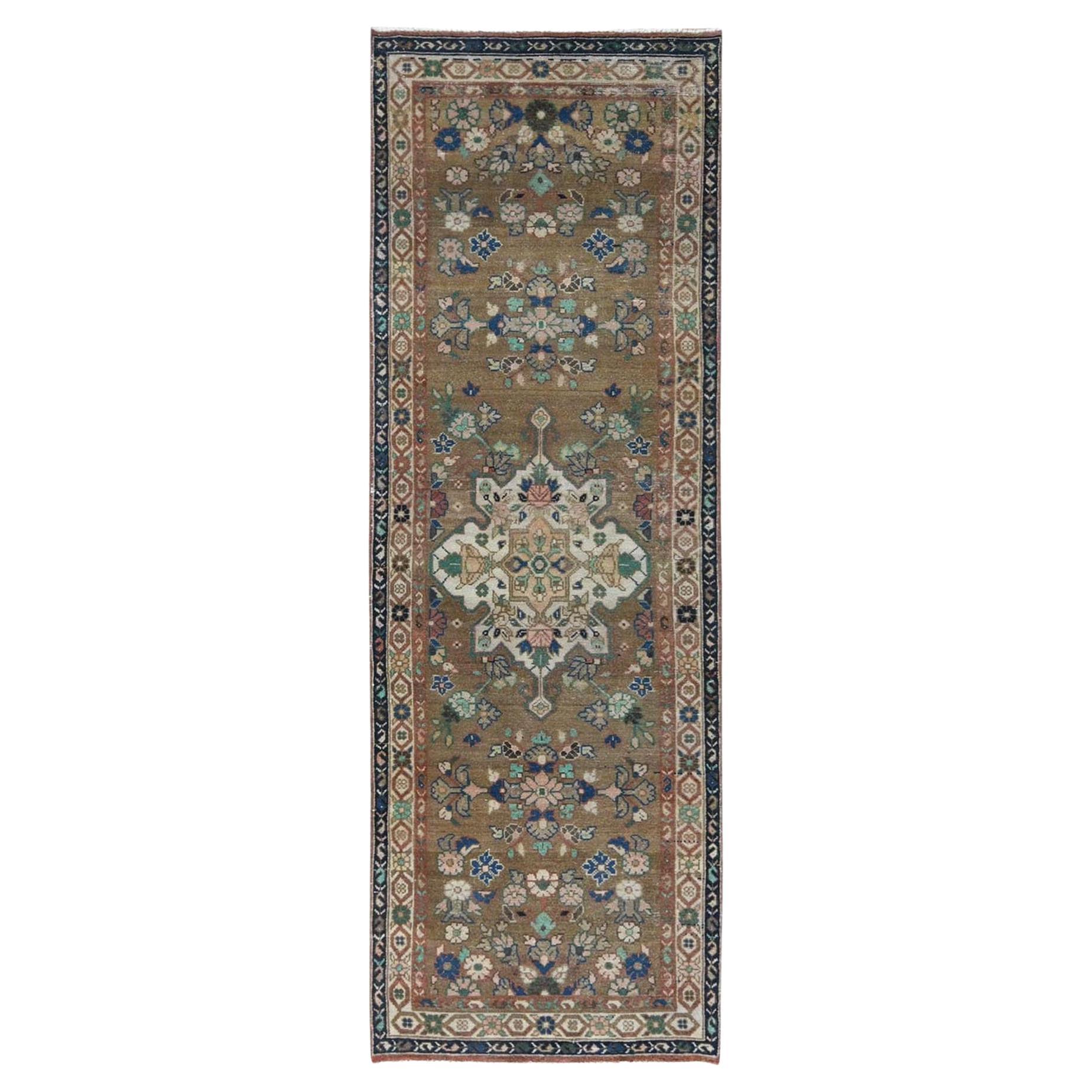 Almond Brown, Vintage Persian Hamadan, Distressed Worn Wool Hand Knotted Rug For Sale
