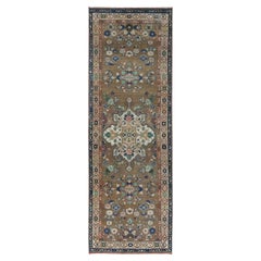 Almond Brown, Retro Persian Hamadan, Distressed Worn Wool Hand Knotted Rug