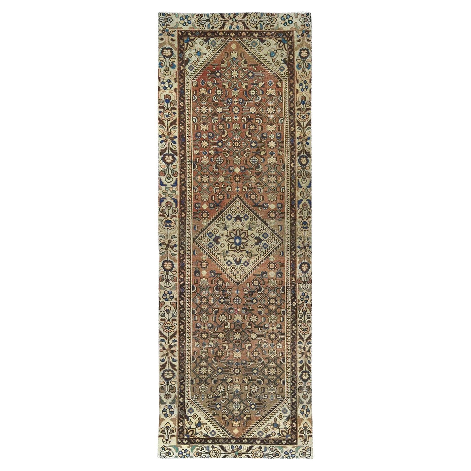 Almond Brown, Vintage Persian Hamadan, Pure Wool Hand Knotted Clean Runner Rug For Sale
