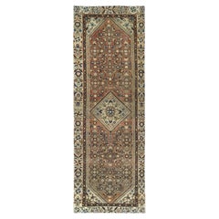 Almond Brown, Retro Persian Hamadan, Pure Wool Hand Knotted Clean Runner Rug