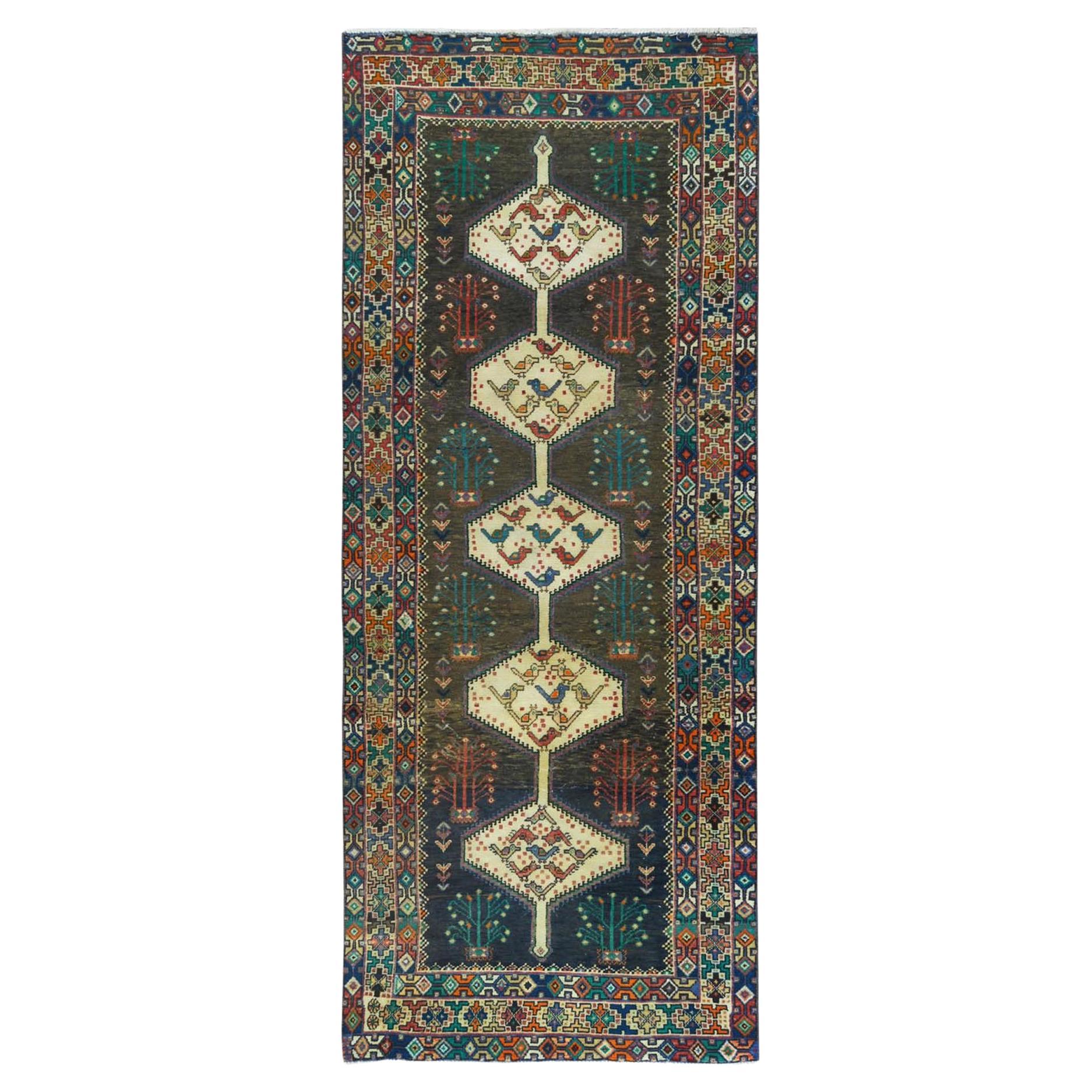 Almond Brown Vintage Persian Shiraz, Bird Figurines Abrash Wool Hand Knotted Rug