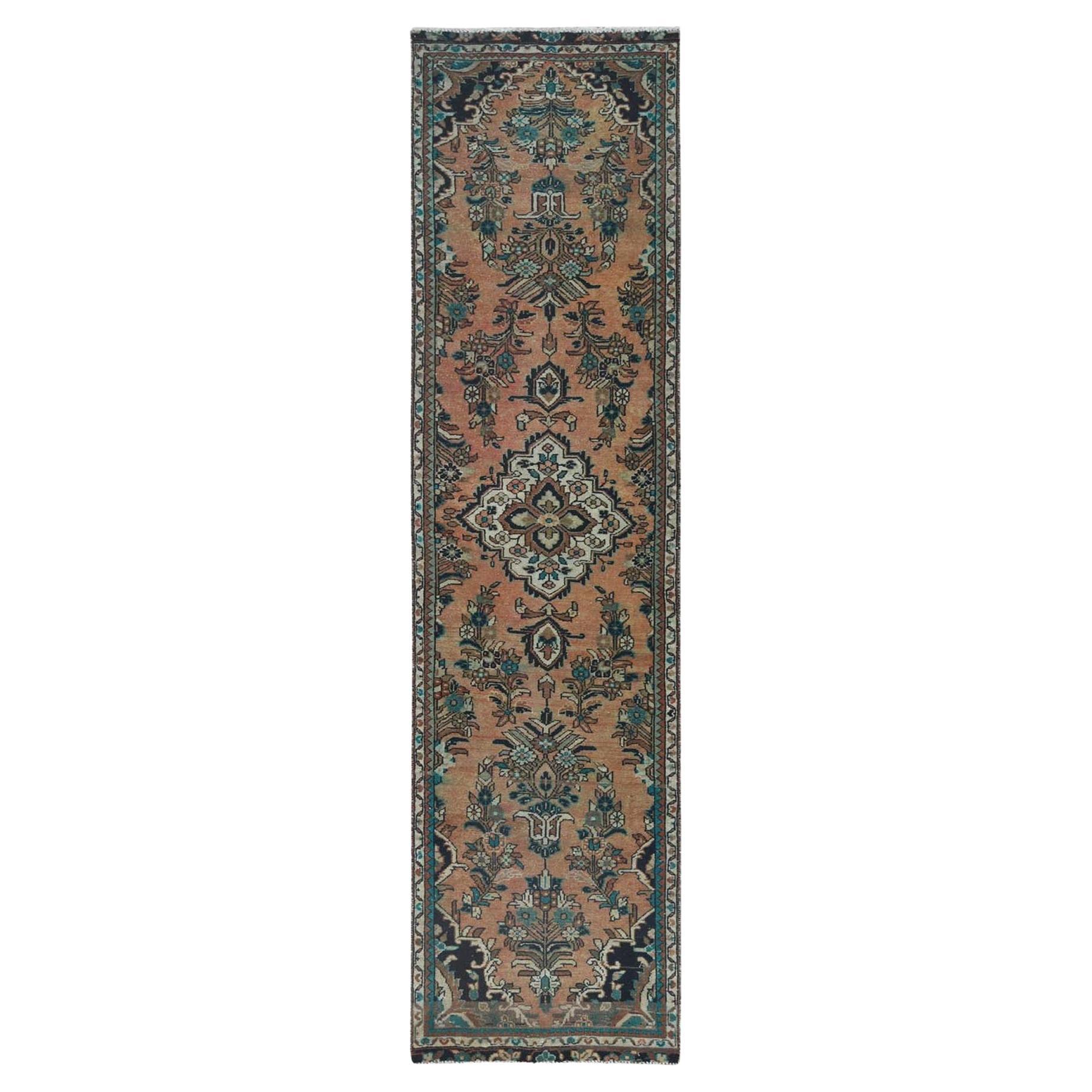 Almond Brown Worn Wool Hand Knotted Vintage Persian Lilahan Distressed Look Rug