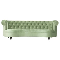 Almond Green Fabric and Black Wooden Feet Curved and Quilted Sofa