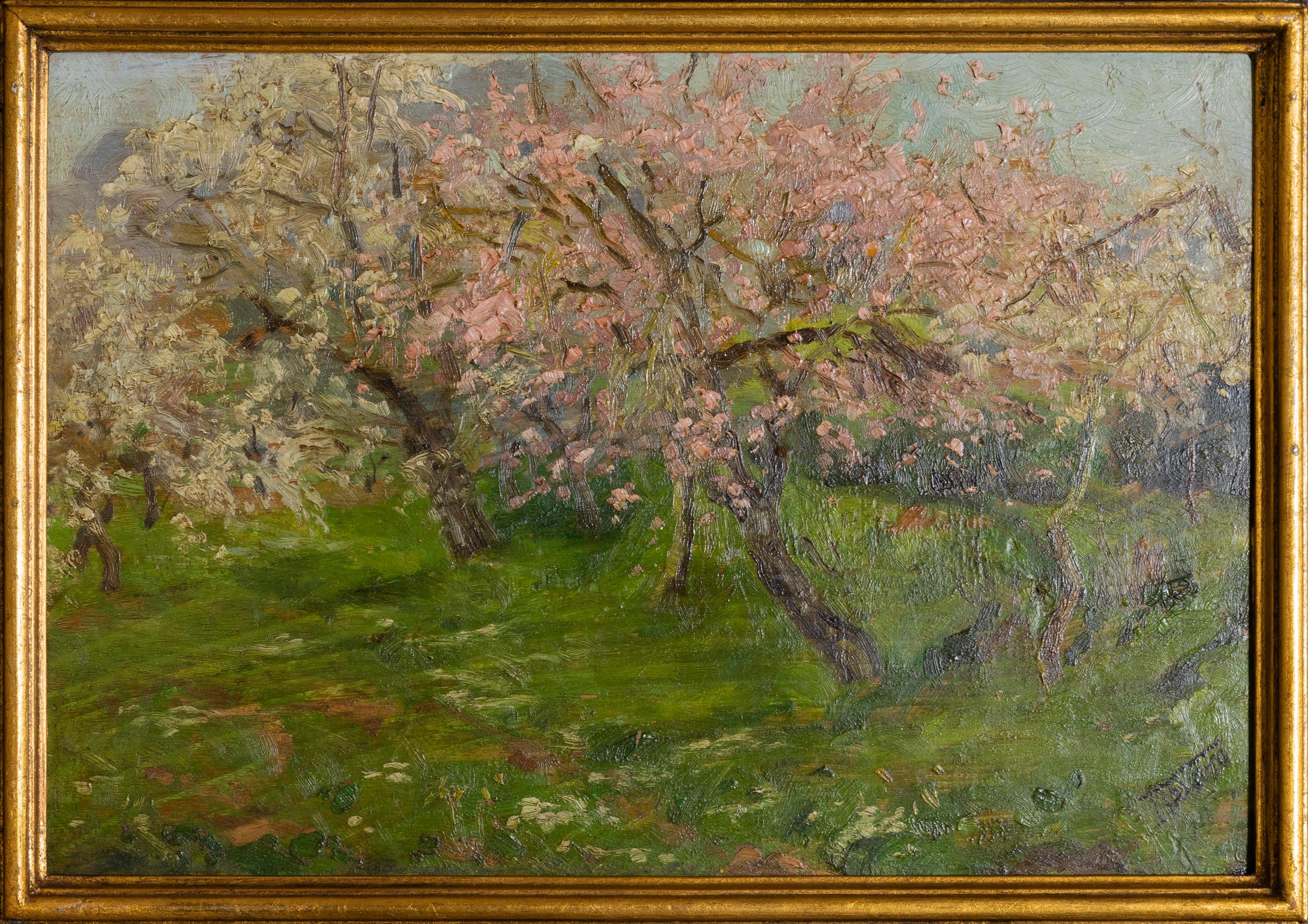 A painting of a nature scene of almond trees in bloom in Spring by the portuguese painter Falcão Trigoso.
Signed «F . Trigoso». 

Oil on platex.

Falcão Trigoso was born in 1879 and died in 1956, a supporter of the Ar-Livrismo. 
Falcão Trigoso was a