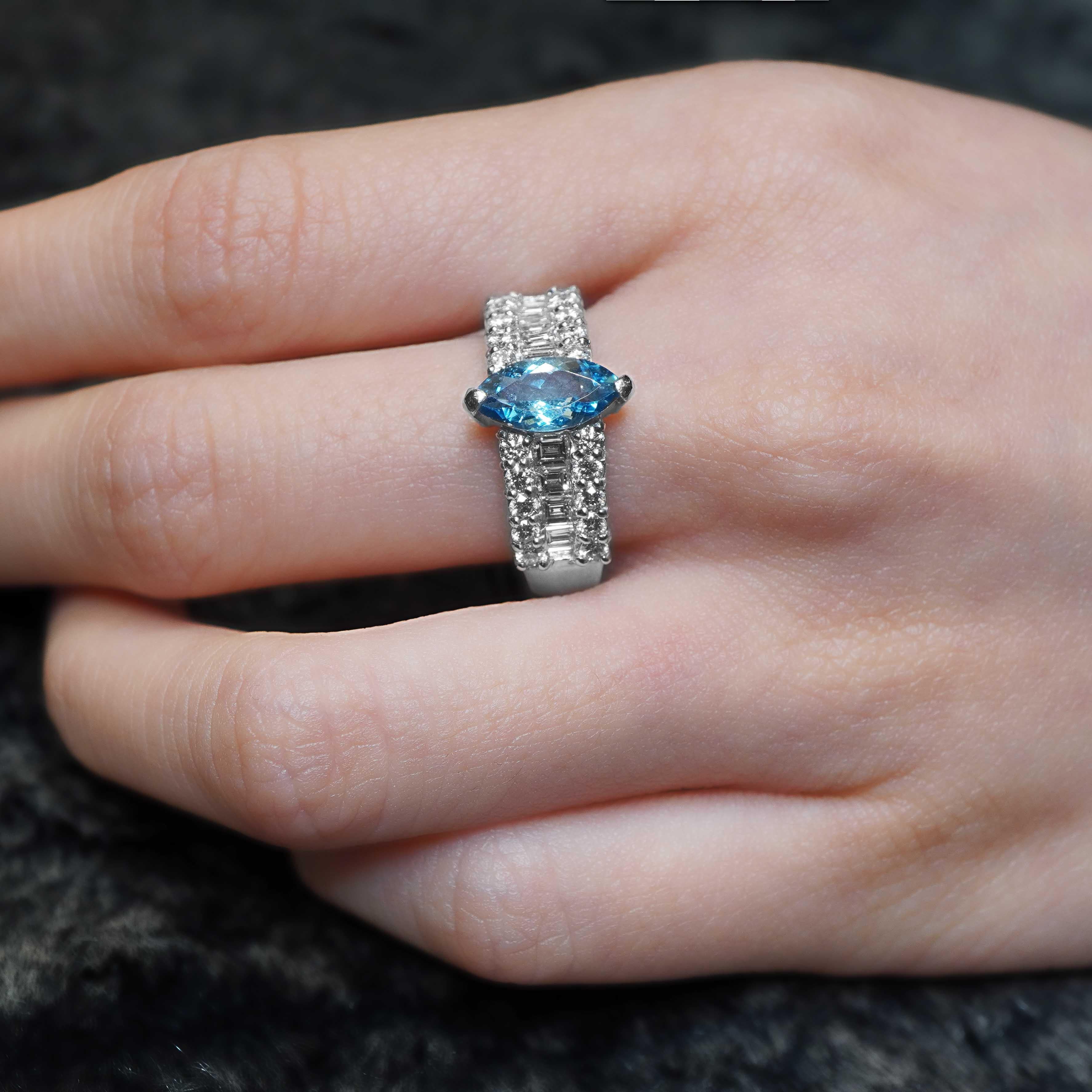Art Nouveau Almost 1 Carat Santa Maria Aquamarine & 1 Carat White Diamond PT900 Amazing Ring For Sale
